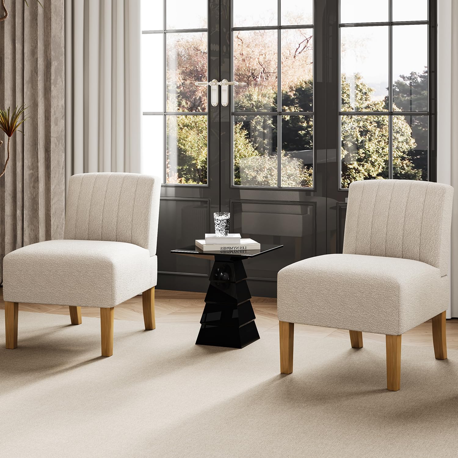 Set of 2 Armless Accent Chairs with Solid Wood Legs - Upholstered Fabric Comfy Bedroom & Living Room Chairs for Vanity, Reading or Lounge (Beige) | Perfect for Makeup Area, Guest Seating or Cozy Reading Nook