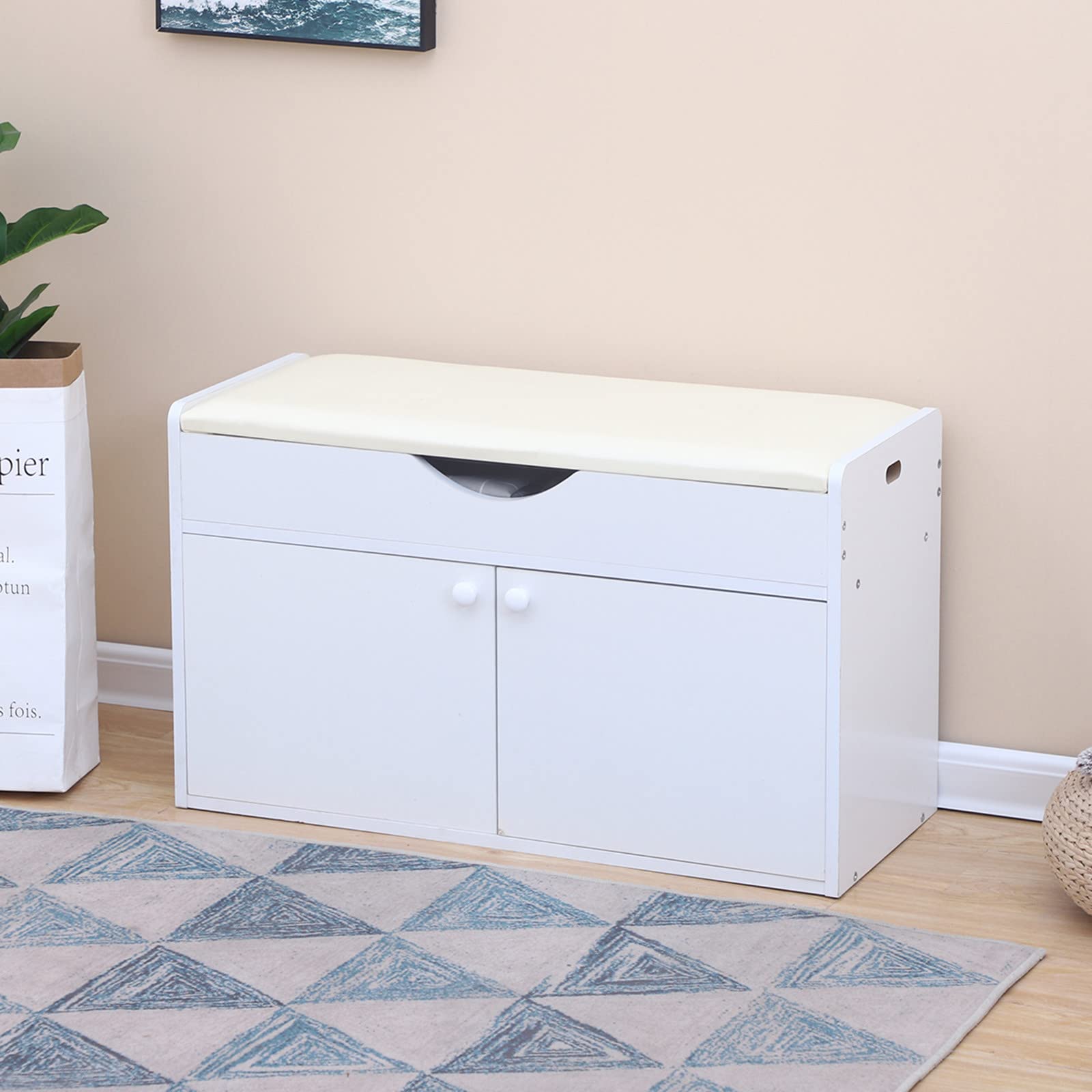 Wooden Shoe Storage Bench with Cushion Seat & 2-Tier Drawer - Entryway Shoe Rack Organizer for Bedroom, Living Room, Study | Space-Saving Furniture for Home & Office