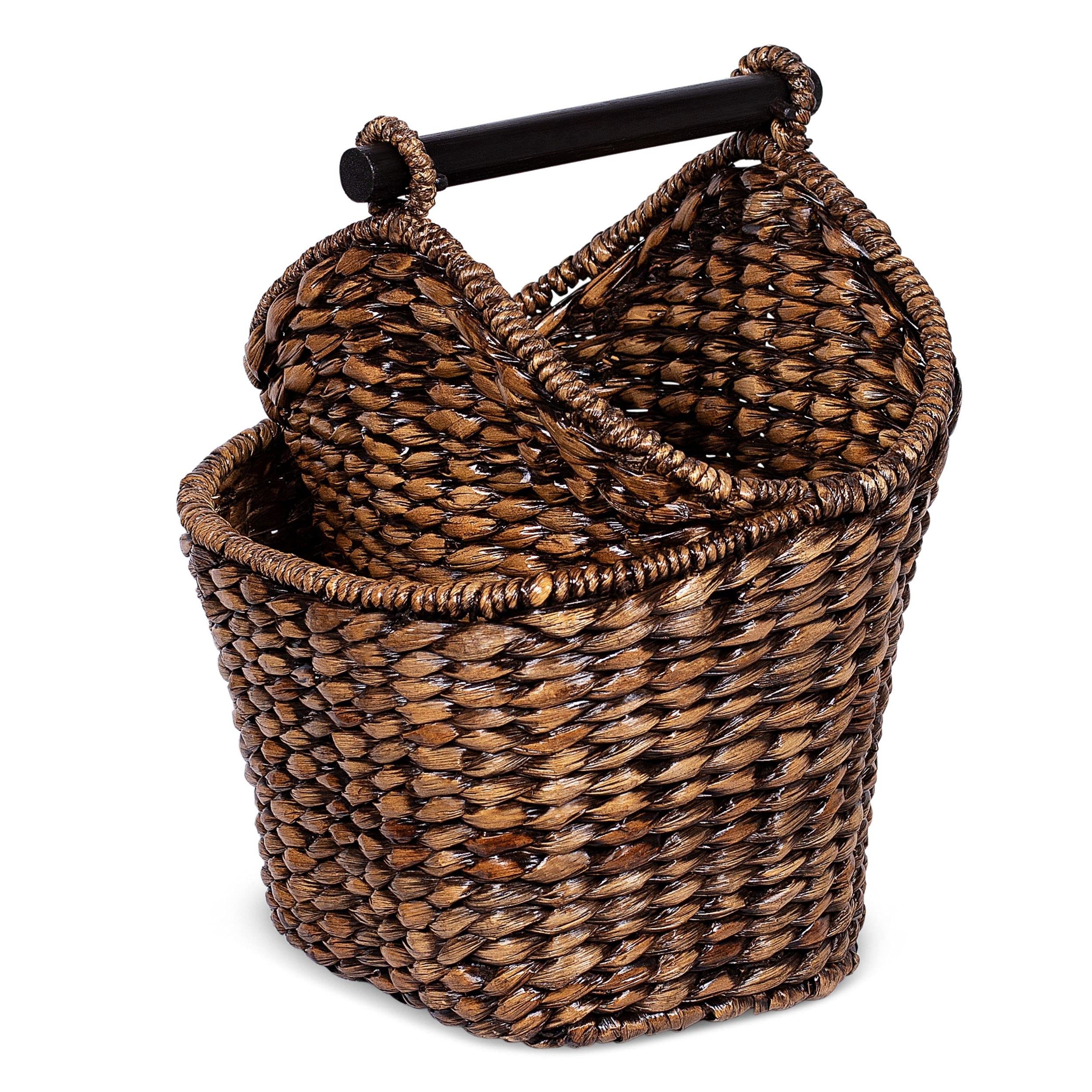 BIRDROCK HOME Handwoven Seagrass Bathroom Basket with Pocket - Natural Wicker Toilet Paper Holder & Organizer for Toiletries, Washcloths, Magazines - Grey Washed Wooden Storage Bin | Perfect for Bathroom, Vanity, Spa Decor & Small Item Organization