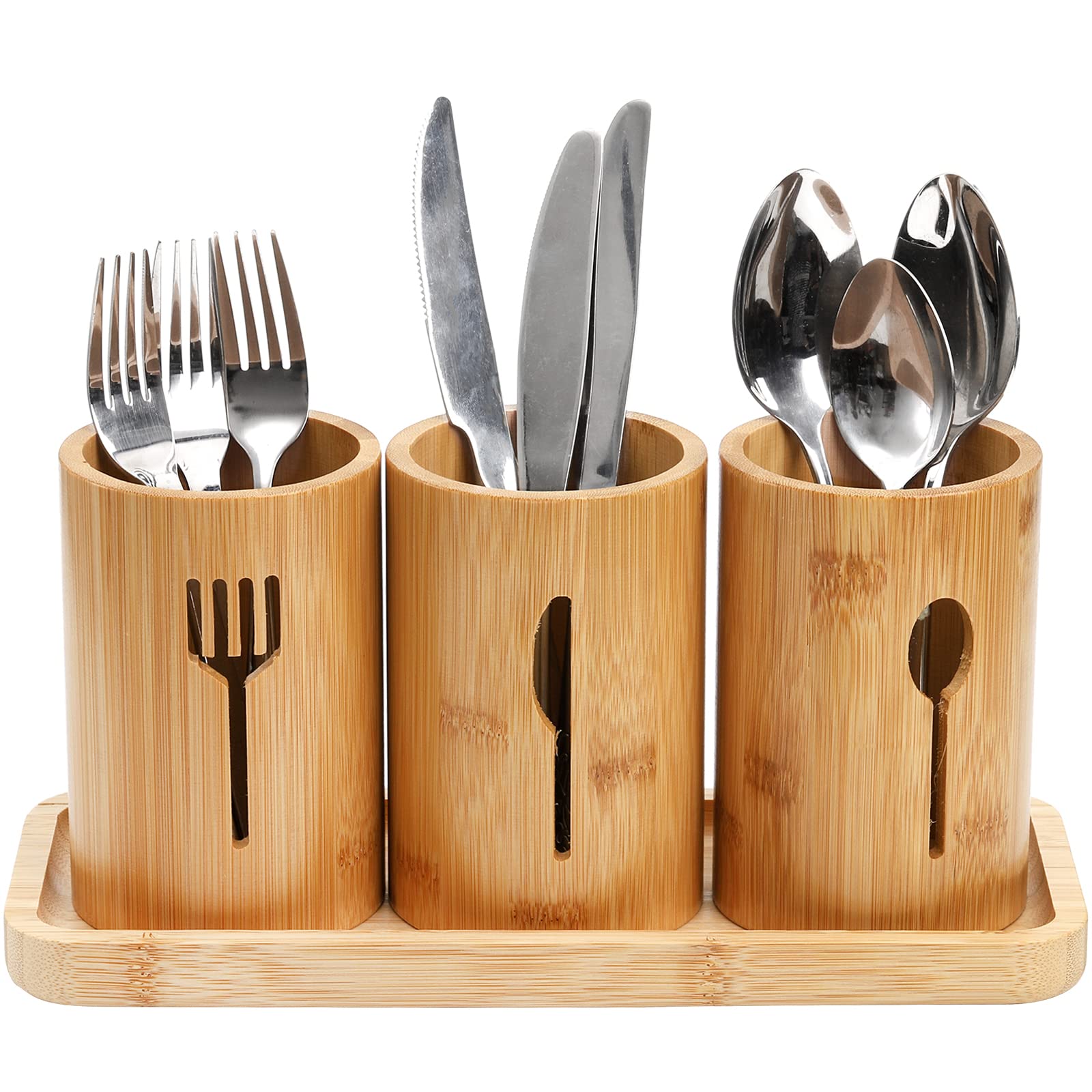 Lyellfe Bamboo Silverware Holder & Utensil Organizer with Tray - Rustic Farmhouse Kitchen Cutlery Storage for Spoons, Knives, Forks - Perfect for Home Kitchen & Restaurant Dining (Durable & Stylish Countertop Solution)