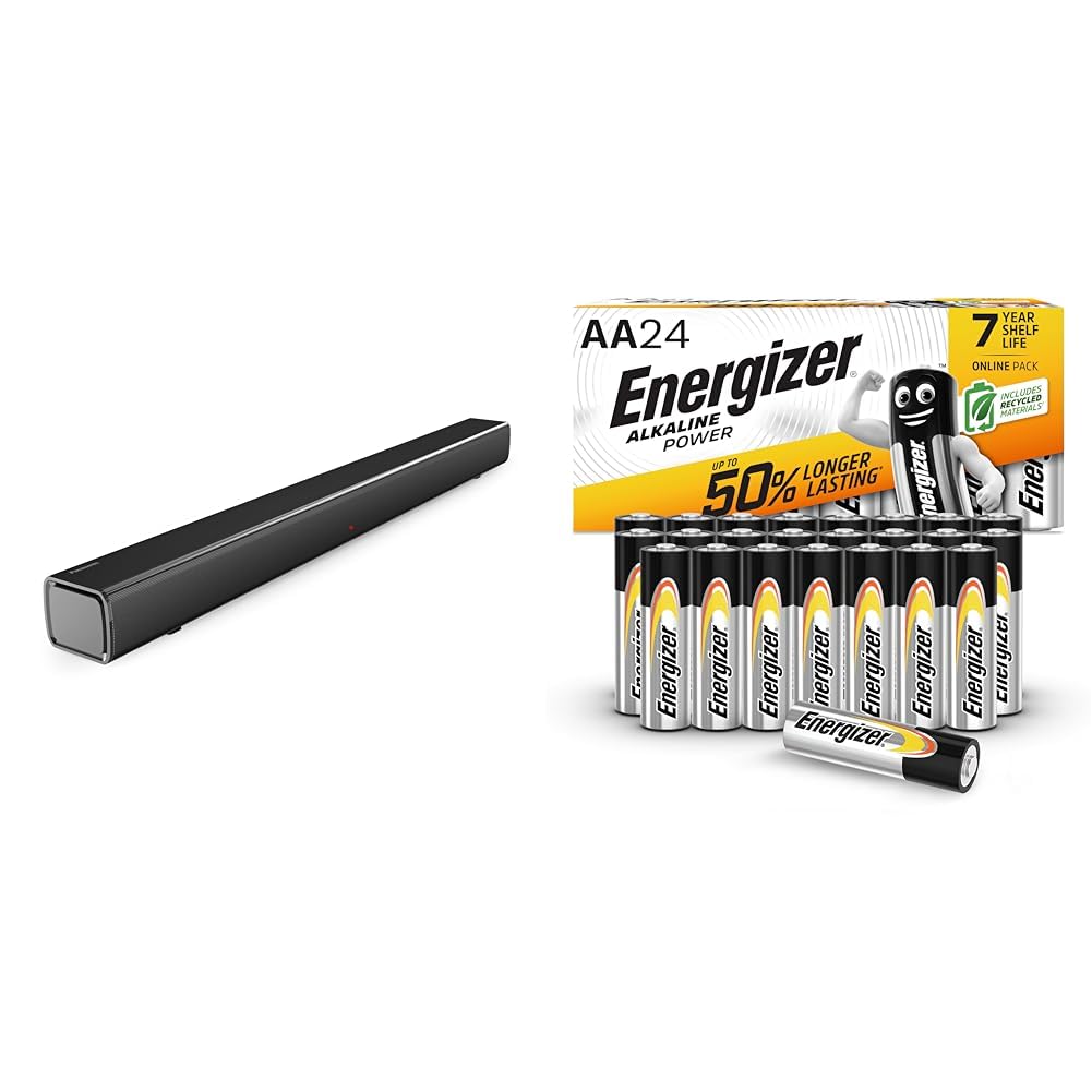 Panasonic SC-HTB100 Slim Soundbar with Bluetooth & USB - Home Theater Sound System for TV, Movies & Music | Includes 24-Pack Energizer AA Alkaline Batteries - Amazon Exclusive