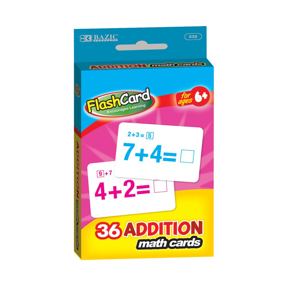 BAZIC 36-Pack Addition Flash Cards for Kids – 24 Case Bulk Set – Math Learning Tools for Classroom, Homeschool & Tutoring – Perfect for Elementary Students & Teachers
