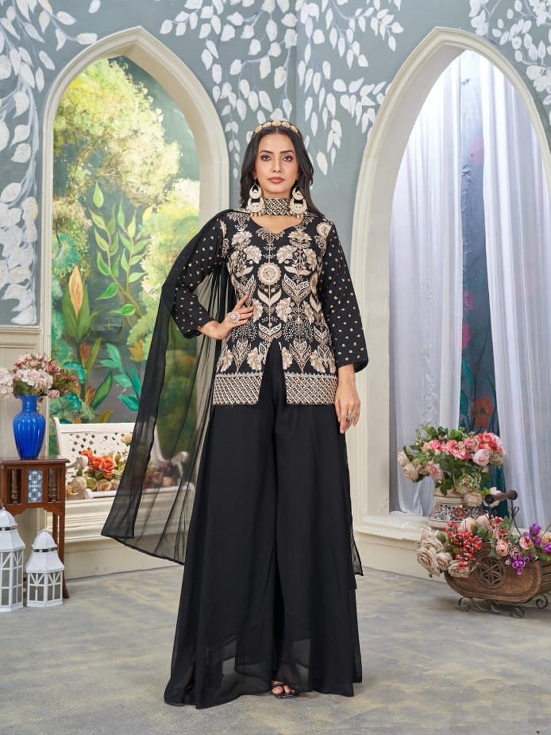 Elegant Black Heavy Designer Palazzo Suit with Embroidery & Sequins - Perfect for Parties, Weddings & Special Occasions