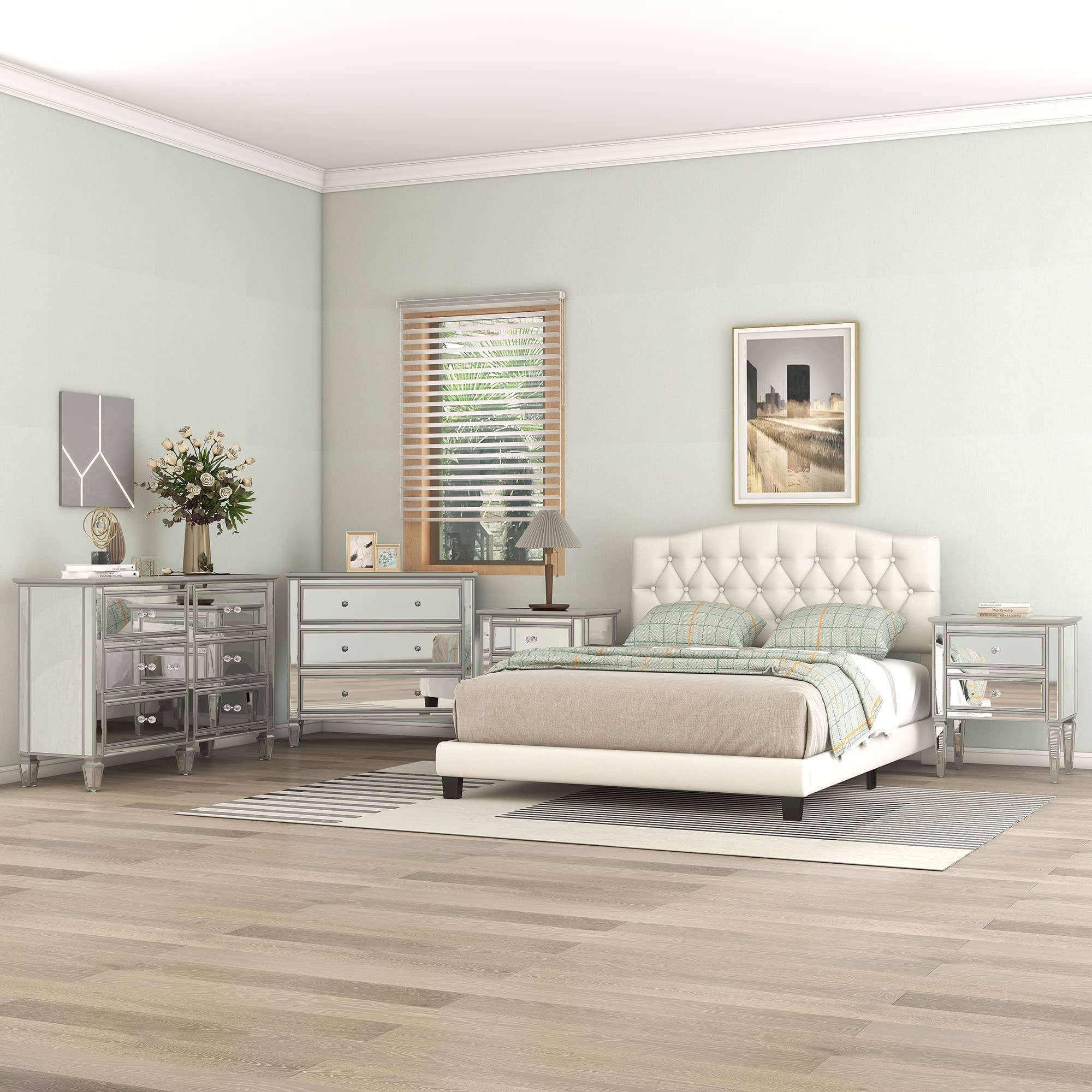 Merax 5-Piece King Size Bedroom Set - Upholstered Bed with Curved Tufted Headboard, Mirrored Silver Dresser, Chest & 2 Nightstands | Luxury Bedroom Furniture for Master Suite & Guest Room