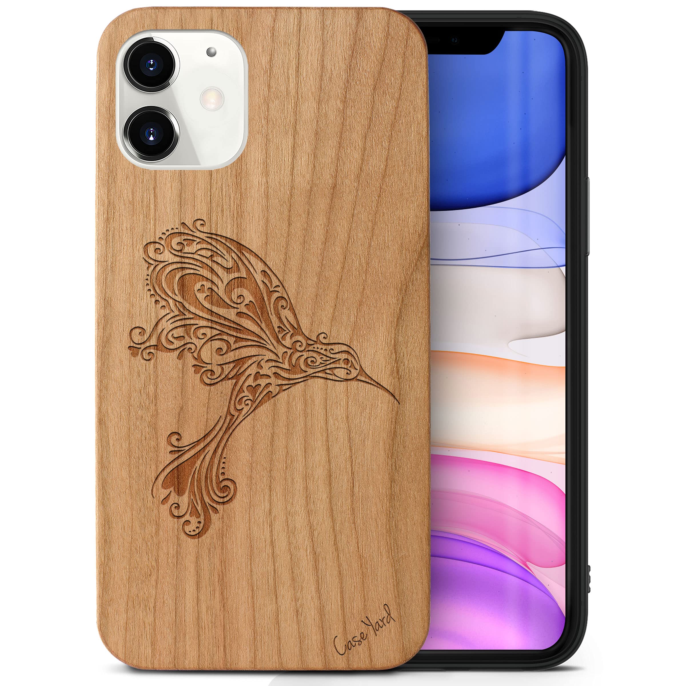 Wooden iPhone 12 Mini Case - Laser Engraved Hummingbird Design Cherry Wood Protective Cover | Shockproof Slim Fit Phone Case for Men & Women | Perfect for Outdoor Adventures, Travel & Daily Protection