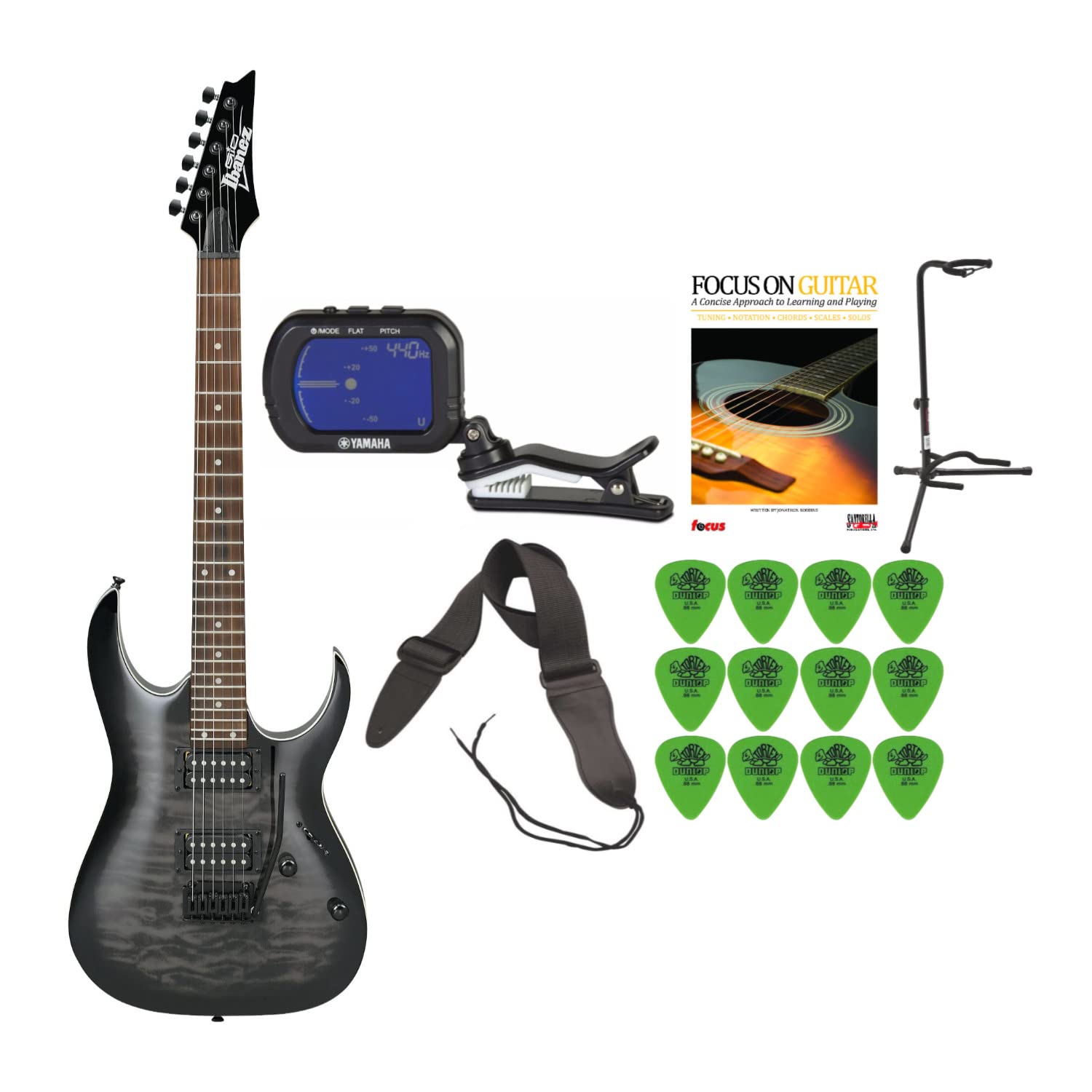 Ibanez GRGA120QA GIO Series Electric Guitar Bundle with Chromatic Tuner, Stand & 4 Accessories - Perfect for Beginners, Home Practice & Live Performances