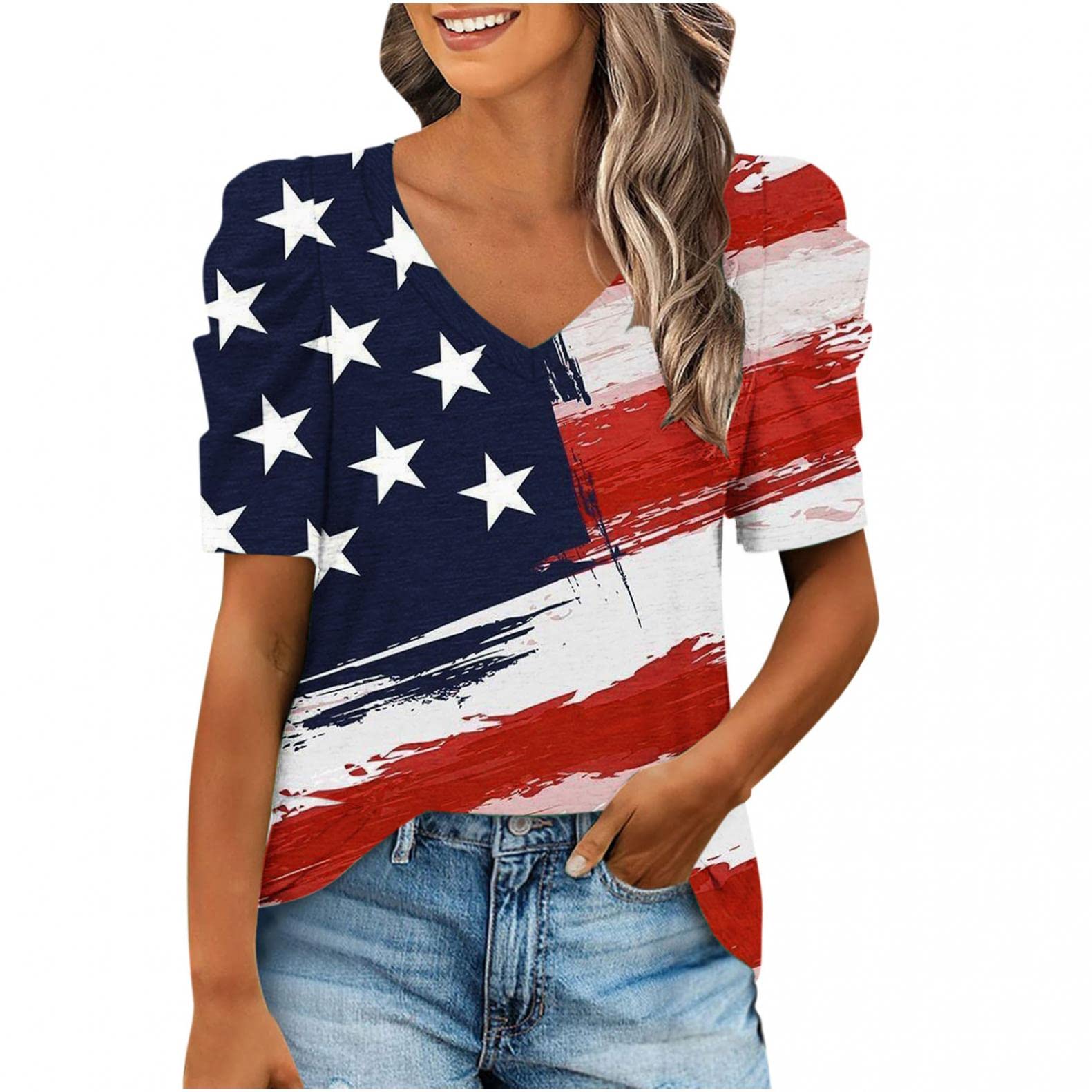Women's Summer V-Neck Casual T-Shirt with Puff Sleeves - Loose Tunic Blouse for Beach, Vacation & Everyday Wear