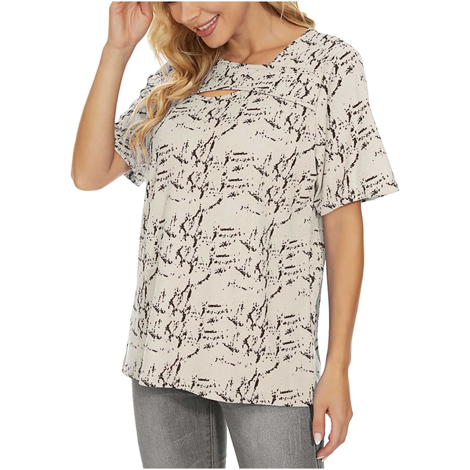 JMLPxx Women's Casual Cutout Round Neck Short Sleeve T-Shirt - Loose Fit Printed Tunic Top with Hollow Design for Workout, Going Out & Daily Wear | Breathable Summer Blouse for Street Style & Office Outfits