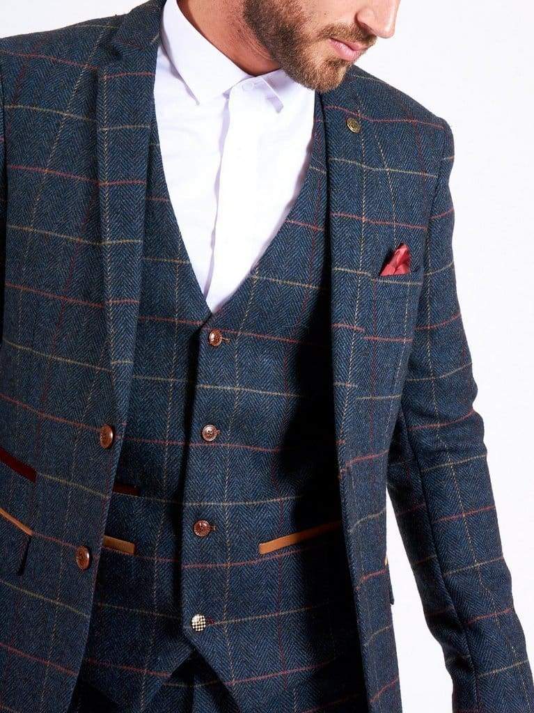 Marc Darcy Eton Navy Blue Tweed Check 3-Piece Suit for Men | Classic British Style Formal Wear | Perfect for Weddings, Business Meetings & Special Occasions
