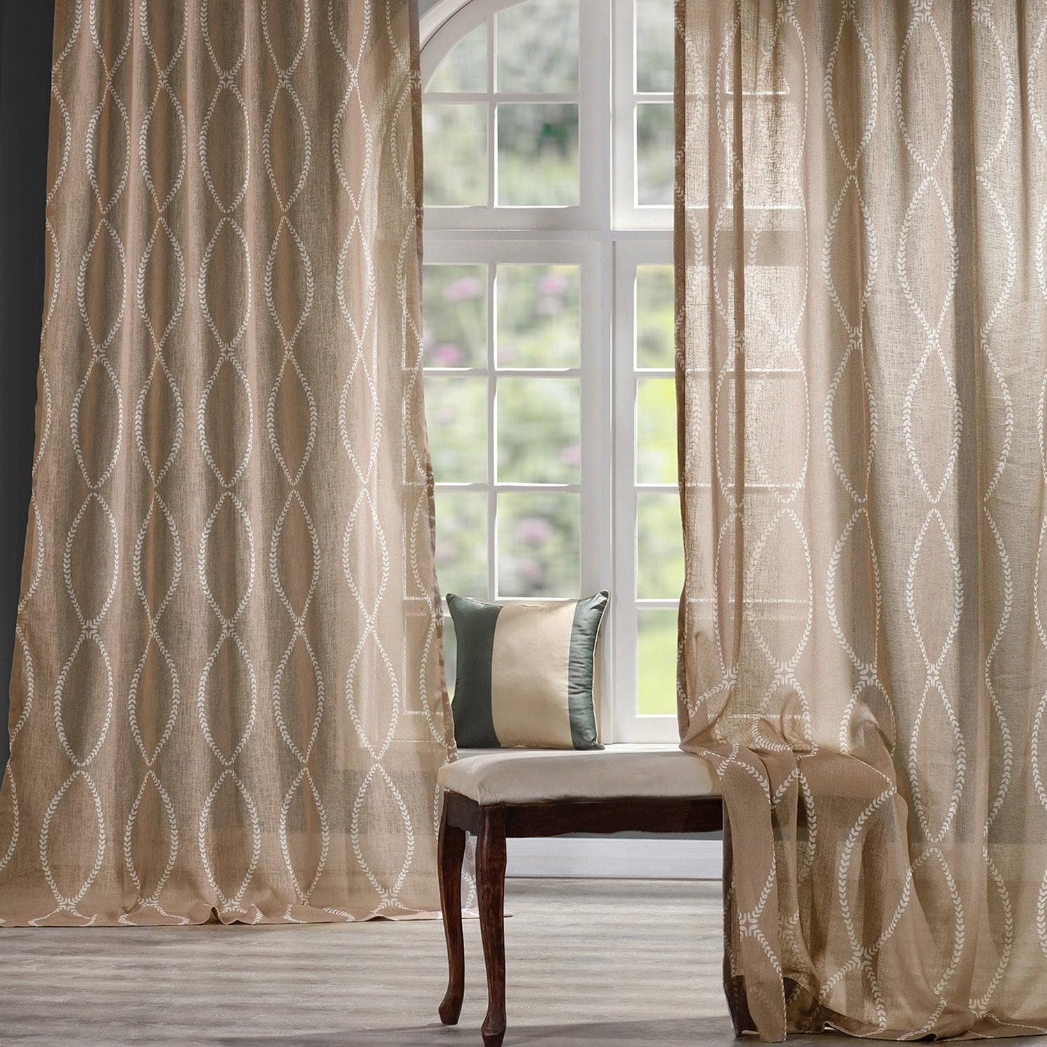 Grecian Taupe Geometric Printed Sheer Custom Curtains for Living Room & Bedroom - Light Filtering Window Drapes with Modern Design