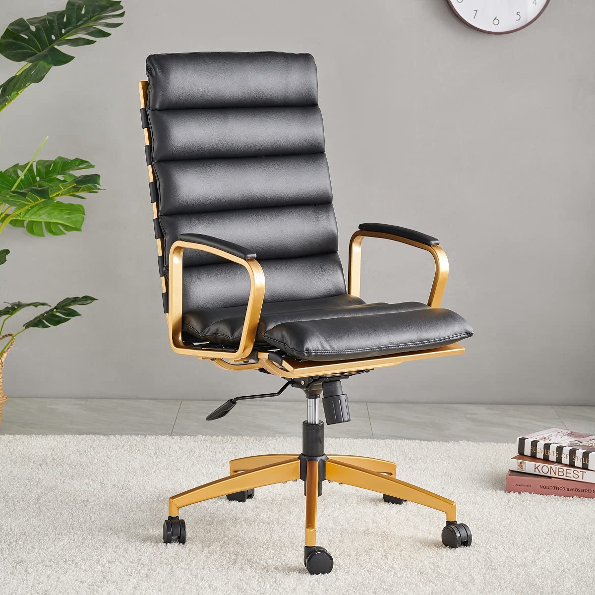 Premium Black Leather Modern Chair with Gold Frame - Adjustable & Durable Office Chair for Home & Workspace - Perfect for Executive Desks, Conference Rooms & Home Offices
