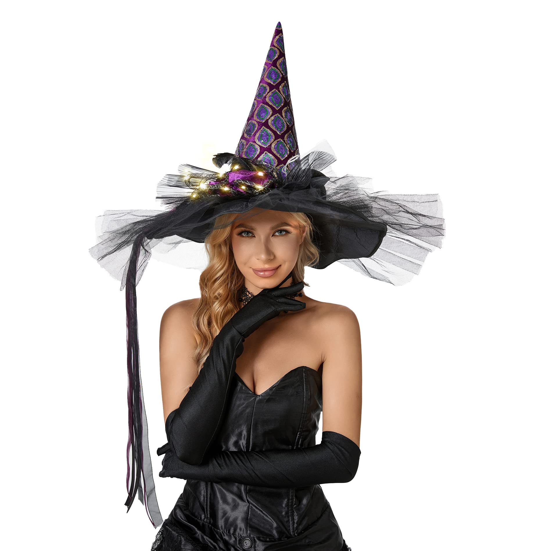 LED Light Up Witch Hat for Women - Black Halloween Steeple Top Hat with Built-in Lamp | Perfect for Halloween Parties, Cosplay & Themed Events