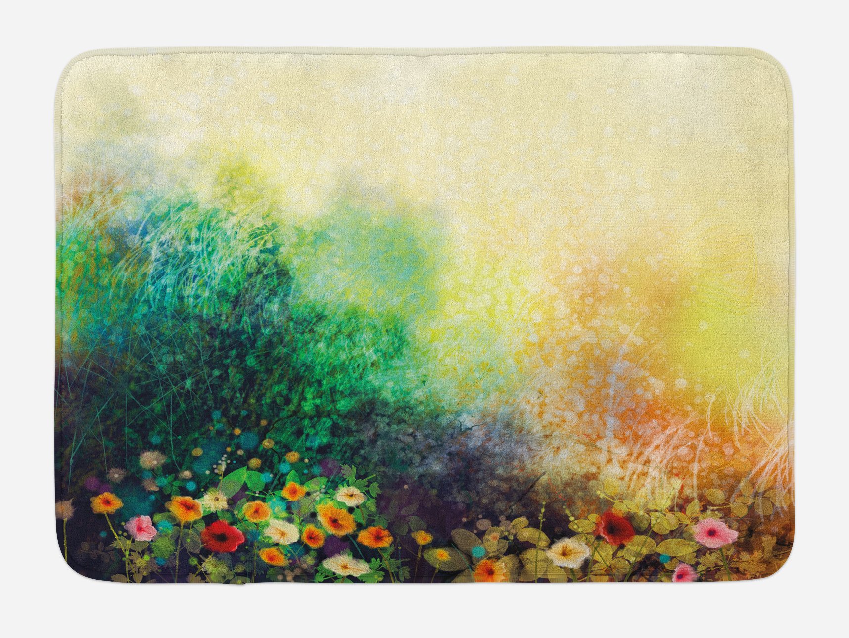 Ambesonne Non-Slip Plush Bath Mat - Vibrant Fall Flower Valley Design, 30.2 x 20 Inches, Green Mustard - Soft Absorbent Bathroom Rug for Home Decor & Safety