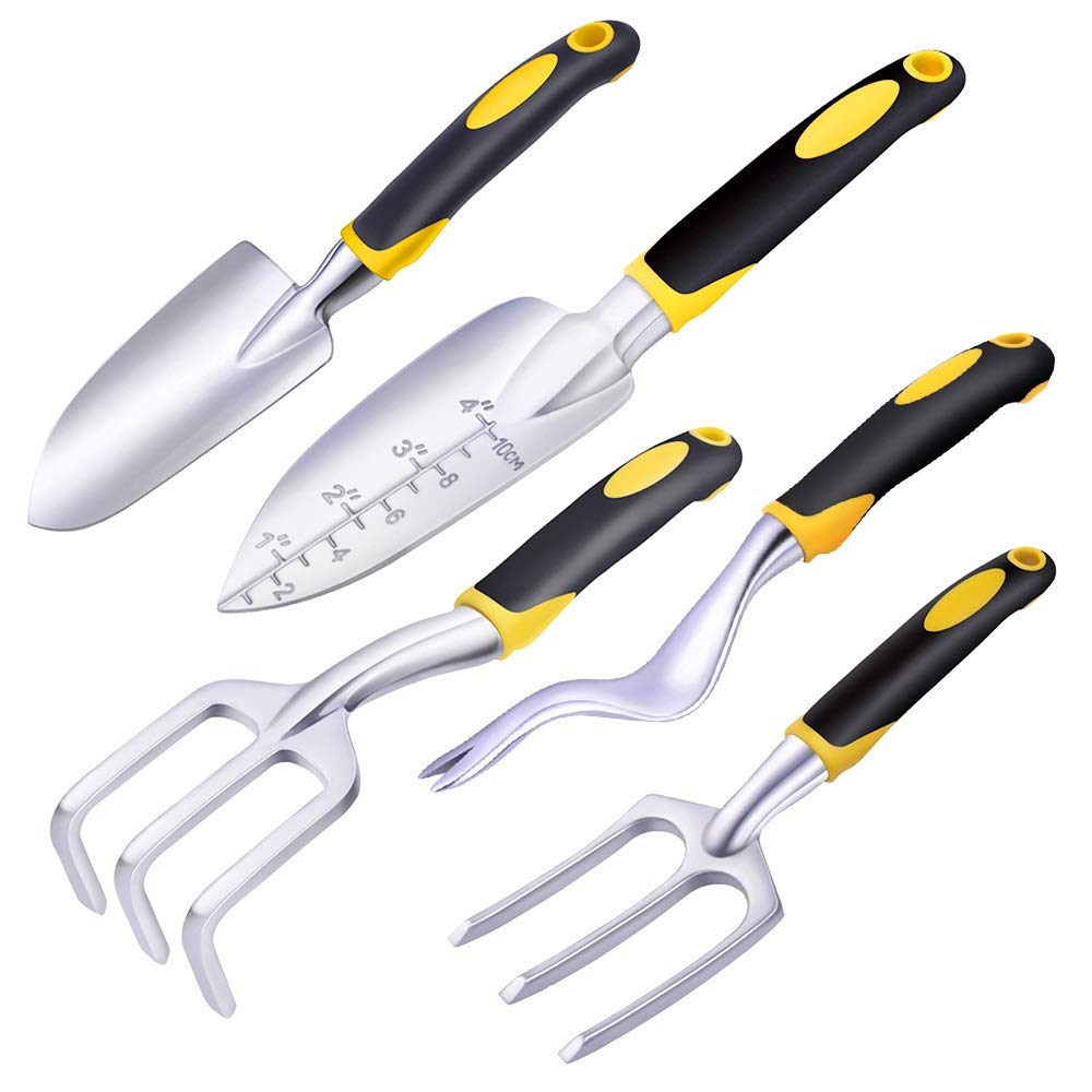 Premium Gardening Tool Set - 5-Piece Ergonomic Hand Trowel, Bonsai Shovel, Rake, Cultivator & Weeder with Comfort Grip Handle - Ideal for Indoor Plants, Outdoor Gardens, Landscaping & Bonsai Care