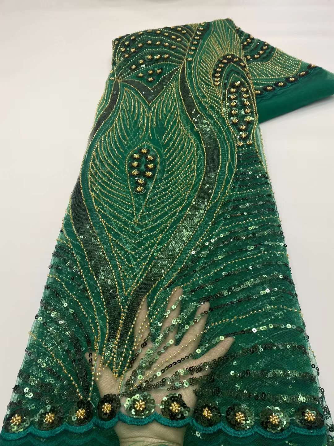 Sequins Stone French Tulle Lace Fabric - 5 Yards Per Lot | Beaded Bridal Dress Material, African Net Lace for DIY Clothing | Perfect for Wedding Dresses, Evening Gowns & Costume Design (Deep Green)