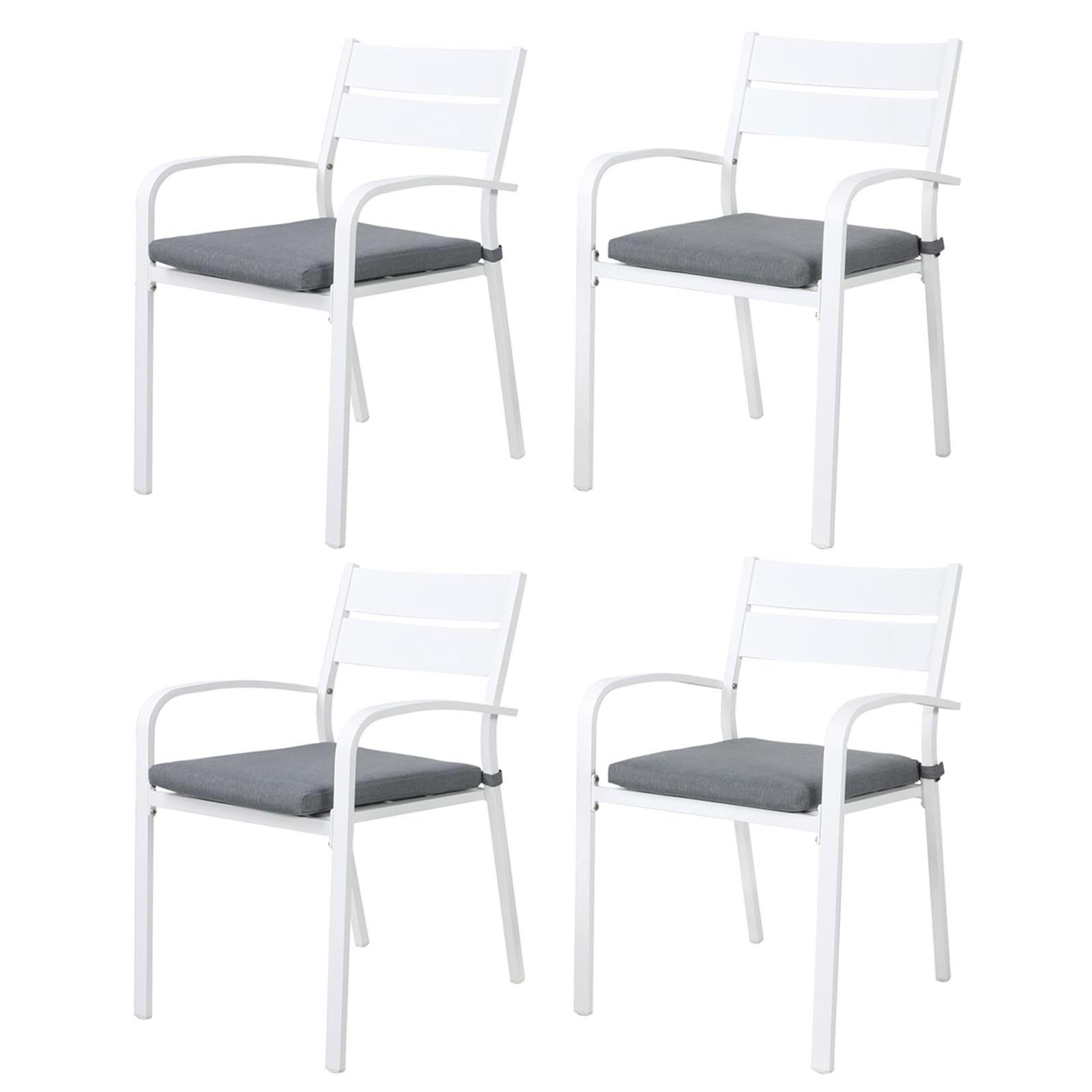 Outdoor Aluminum Stackable Bistro Dining Chairs Set of 4 with Cushions - White Patio Chairs with Gray Cushions for Garden, Balcony, Backyard & Poolside - Perfect for Outdoor Entertaining & Relaxation