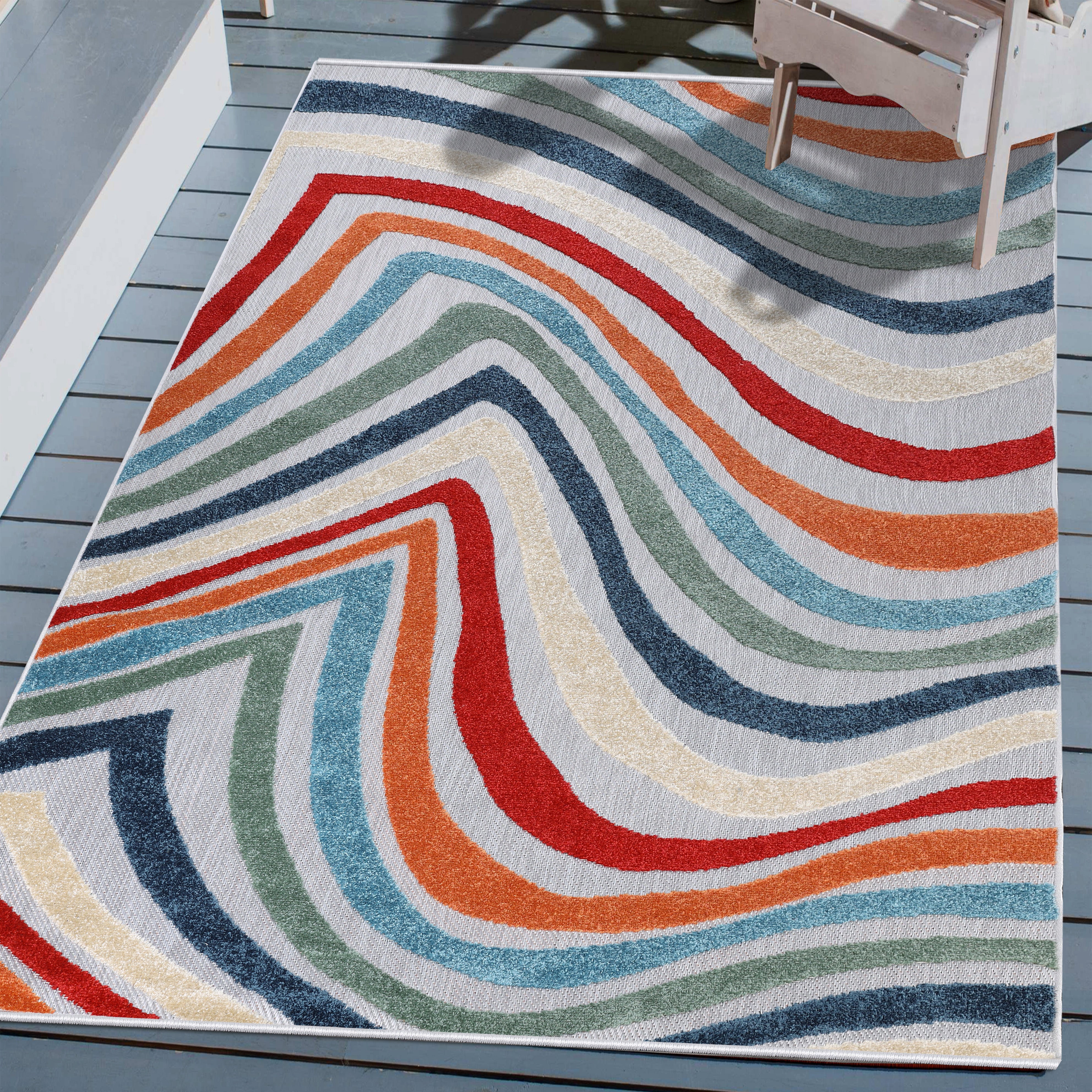 Wave Coastal Striped Indoor Outdoor Area Rug - Soft Non-Slip Boho Beach Decor for Living Room, Bedroom, Patio & Poolside