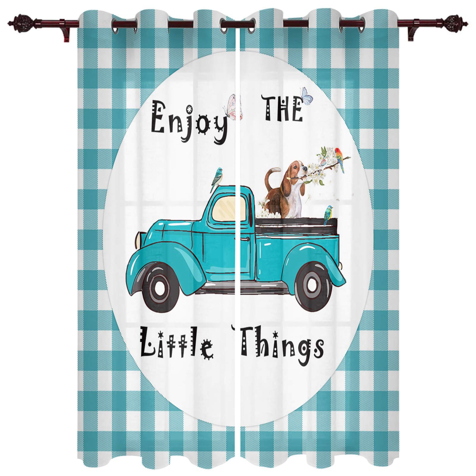 Blackout Curtains for Kids Bedroom - Blue Buffalo Truck & Tulips Printed Grommet Drapes (2 Panels 104x90 Inches) | Darkening Window Panels for Nursery, Living Room & Office | Noise Reducing & Thermal Insulated