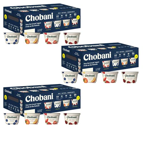 Chobani Nonfat Greek Yogurt Variety Pack with Fruit on Bottom - 4 Flavors: Strawberry, Blueberry, Peach & Black Cherry (48 Cups, 16ct Each) | Healthy Breakfast, Snack for Kids & Adults | Perfect for Office, School Lunch & Post-Workout Protein Boost