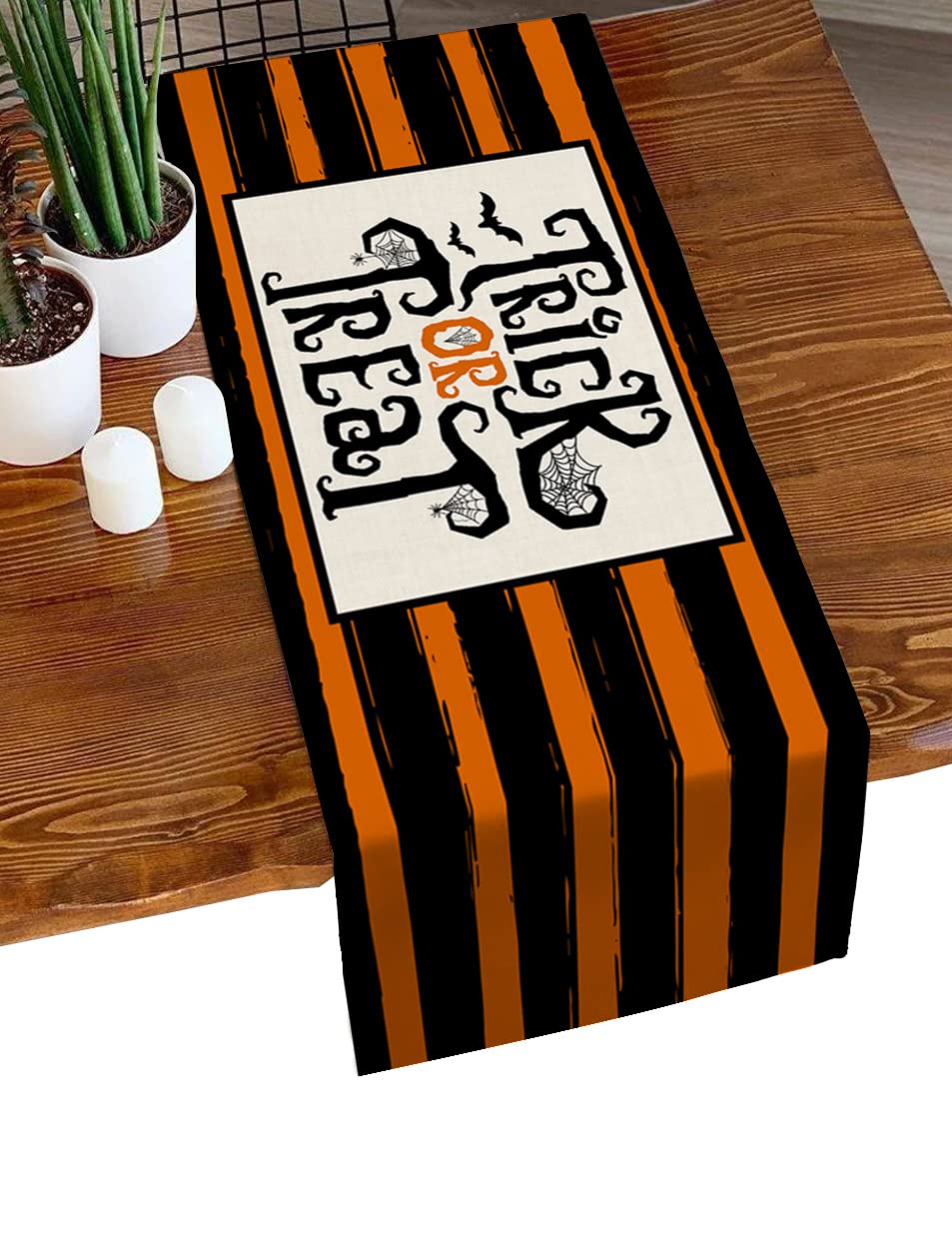 36 Inch Halloween Table Runner - Cotton Linen Trick or Treat Striped in Black & Orange - Perfect for Coffee Table, Kitchen Island, Bedside Dresser (13x36 Inches) - Spooky Home Decor for Halloween Parties & Fall Gatherings