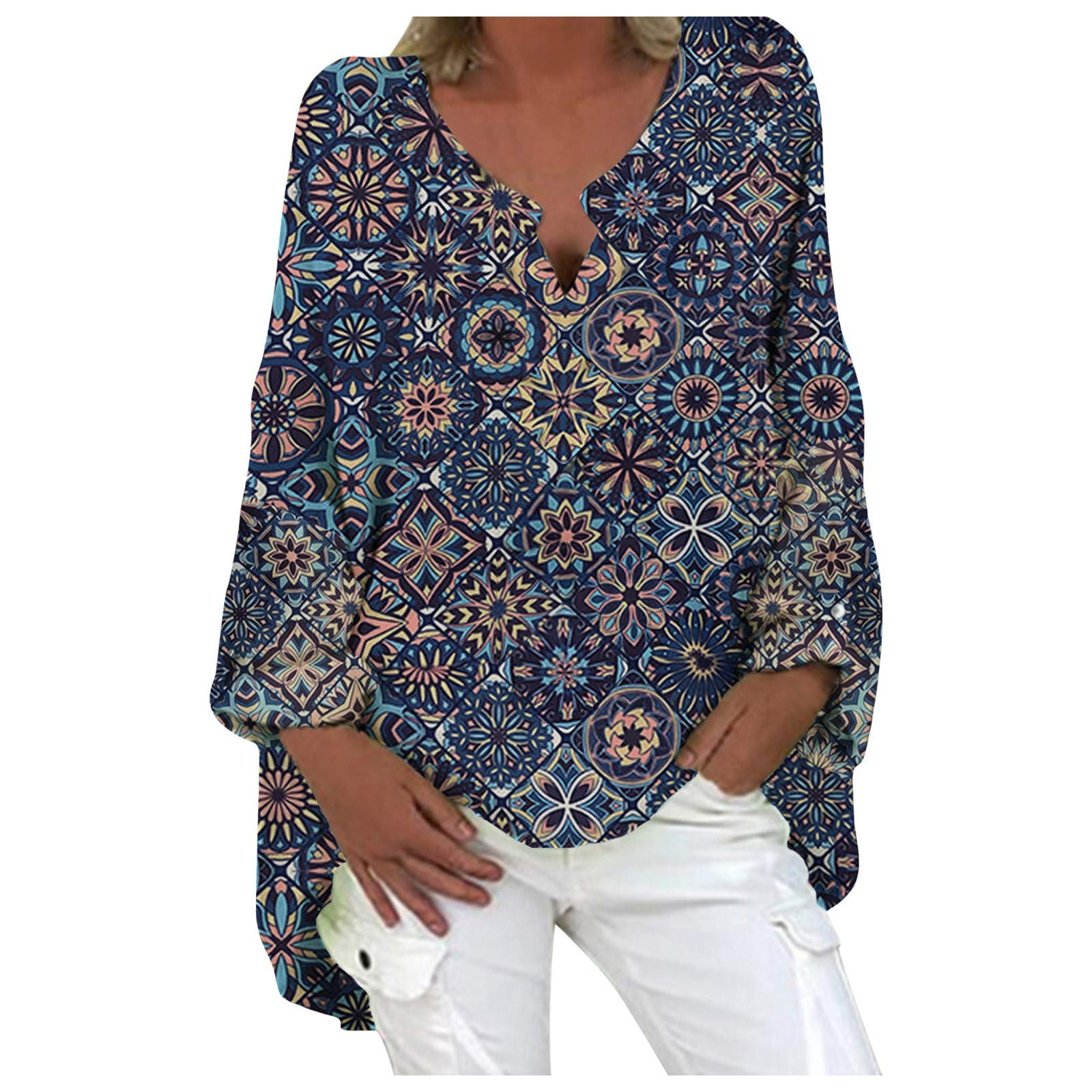 Women's Summer Long Sleeve Blouse - Bohemian Printed Puff Sleeve Pullover Top with Geometric Patterns | Casual Wear, Beach Cover-Up & Festival Outfit