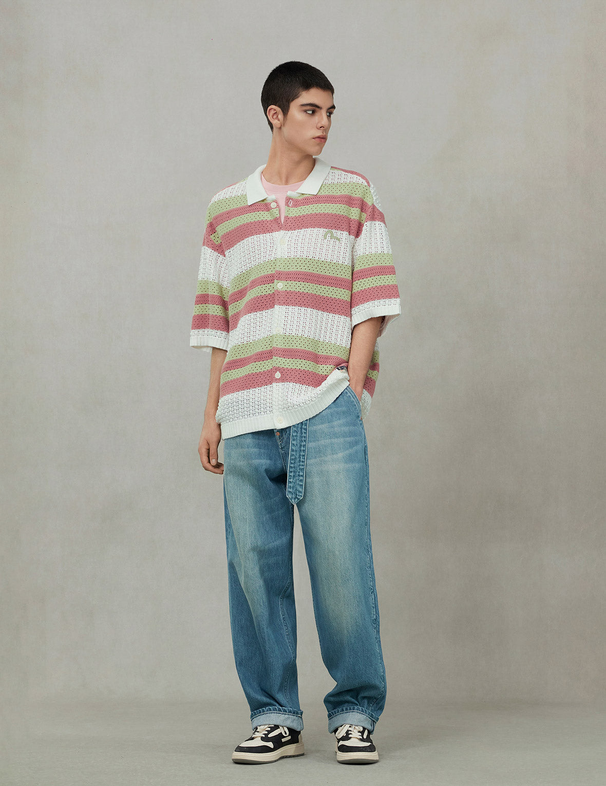 Seagull Embroidery Relaxed Fit Short Sleeve Knit Shirt for Men - Casual Summer Beachwear & Vacation Style