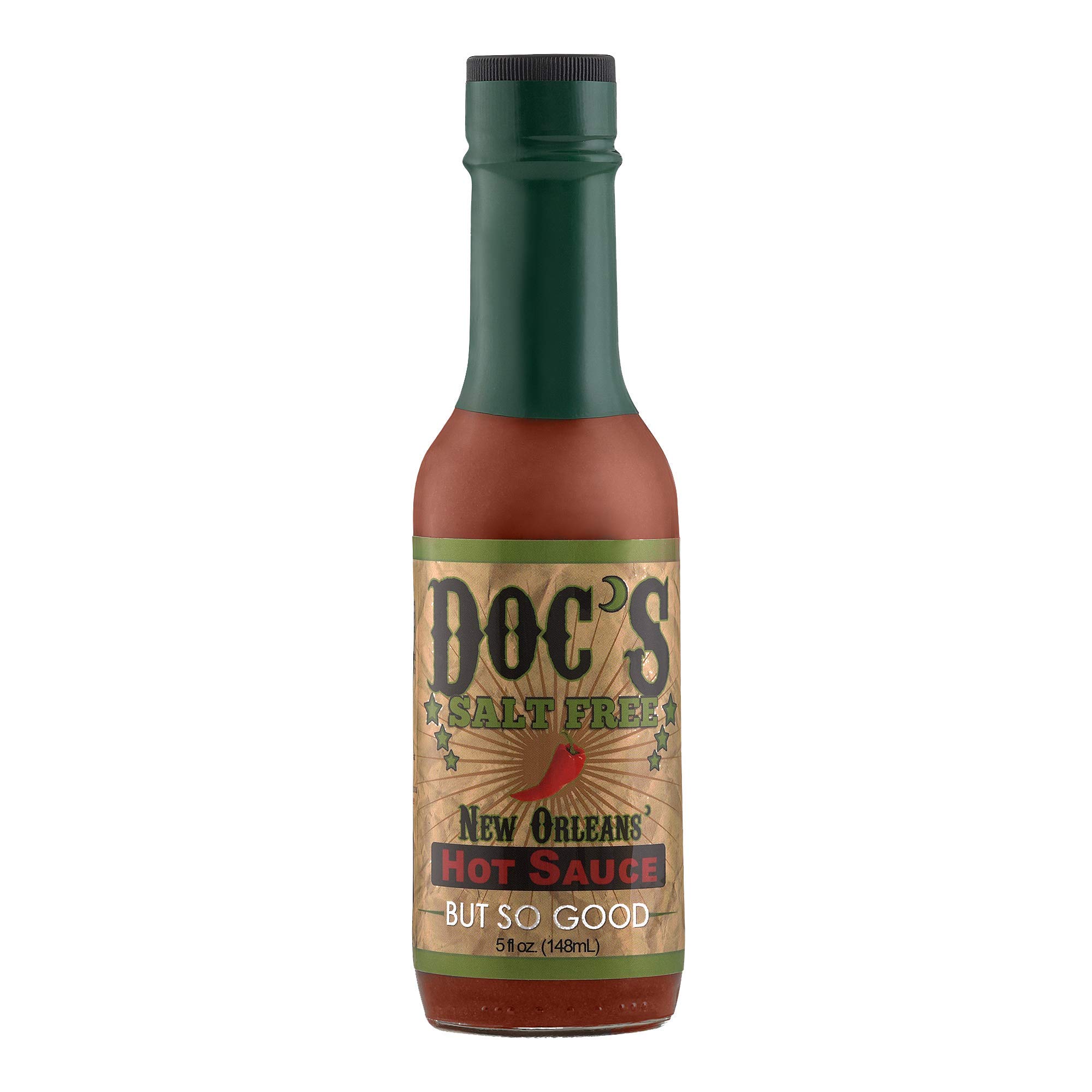 Doc's Original Salt Free Hot Sauce - 5 oz Mild Louisiana Style Red Pepper Sauce - All Natural, Gluten Free, Vegan - Perfect for Diets, Cooking & Grilling