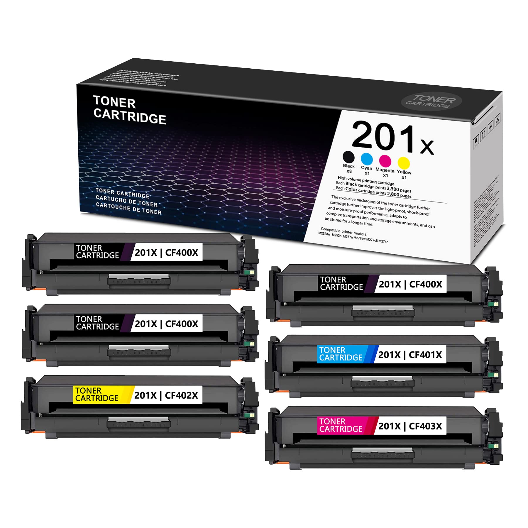 6-Pack Compatible Toner Cartridge Replacement for HP Pro M252dw M252n MFP M277n M277dw M274n M277c6 - Includes 3 Black, 1 Cyan, 1 Magenta, 1 Yellow (Works with CF400X CF401X CF402X CF403X Models) - Perfect for Home Office & Small Business Printing Needs