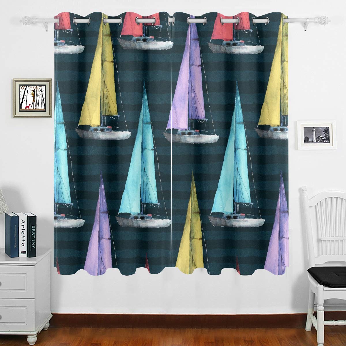 DOMIKING Blackout Curtains for Bedroom - Nautical Boat Design, Thermal Insulated Grommet Drapes (63x55 Inch) - Perfect for Living Room, Bedroom & Kitchen Decor | Blocks Sunlight & Enhances Privacy