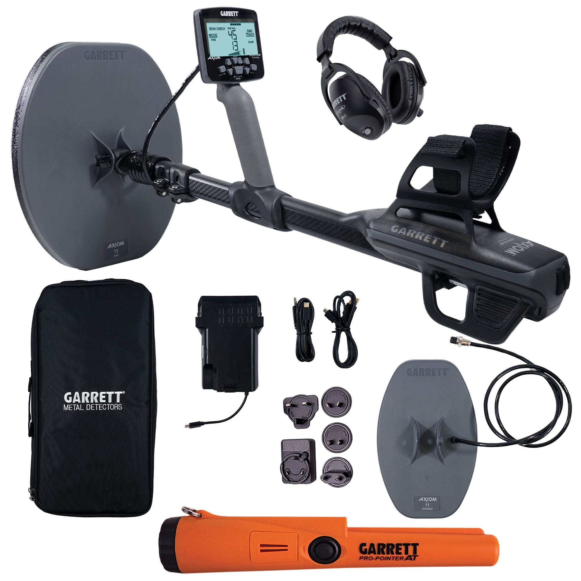 Garrett Axiom Metal Detector with 13x11 DD Coil & 11x7 Mono Coil - Includes MS 3 Headphones & Pinpointer - Professional Gold Prospecting & Treasure Hunting Gear for Outdoor Adventures