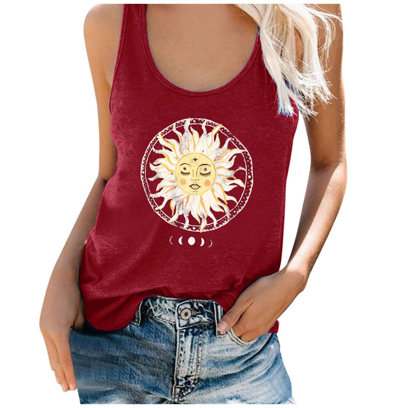 Plus Size Women's Sun Moon Print Tank Top - Casual Summer Tee for Outdoors