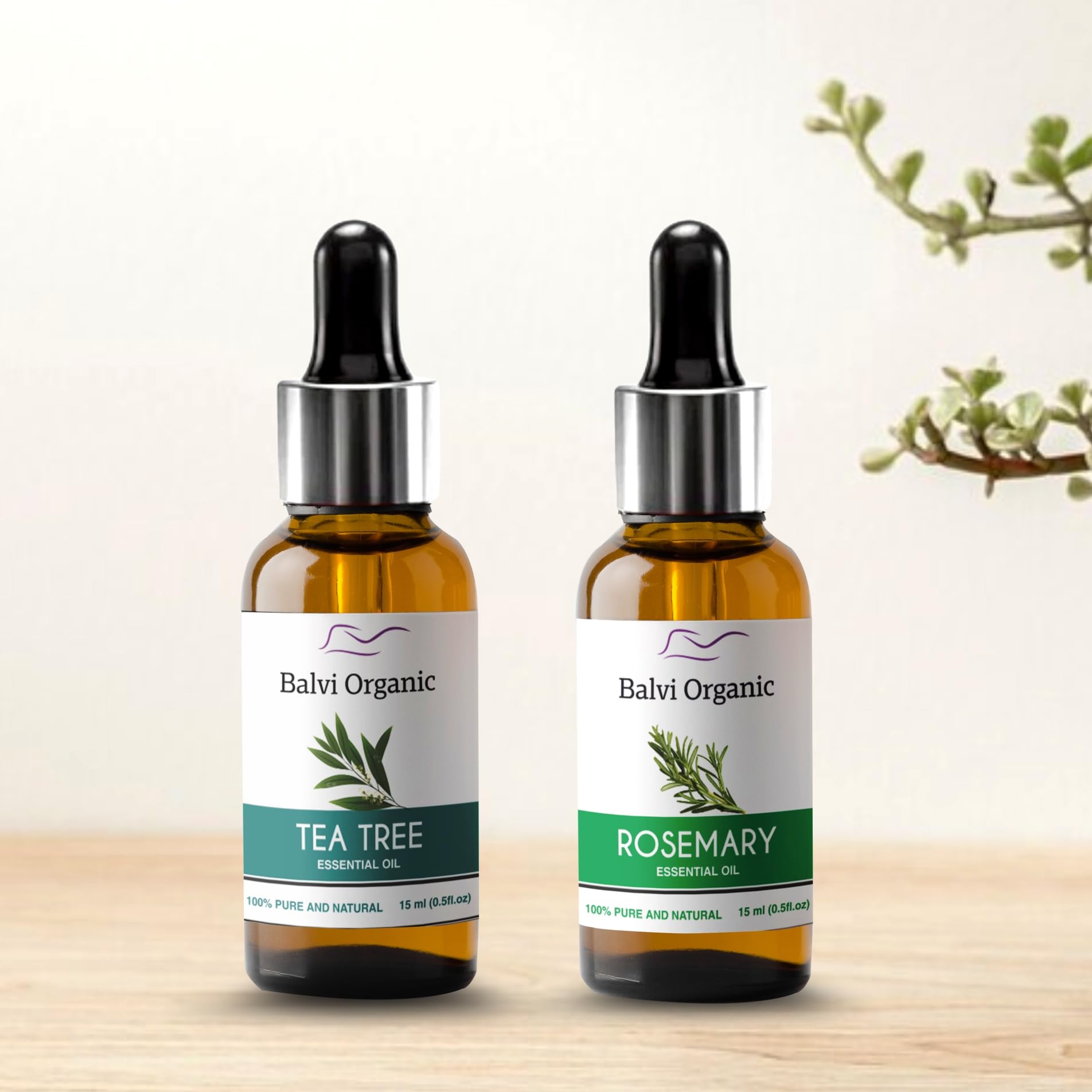 100% Pure Organic Rosemary & Tea Tree Essential Oil for Hair Growth, Hair Fall Control & Scalp Nourishment | Natural Undiluted Skin Care | USDA Certified | 2-Pack (15ml Each) | Perfect for DIY Hair Masks, Aromatherapy & Massage Therapy