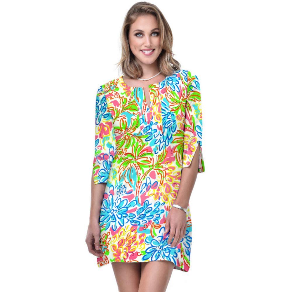 Barbara Gerwit Women's Resort Wear - Nylon Dress with Slit Neck & 3/4 Sleeves | Summer Beach Dress for Vacations, Pool Parties & Tropical Getaways (Tropical Multi, Medium)