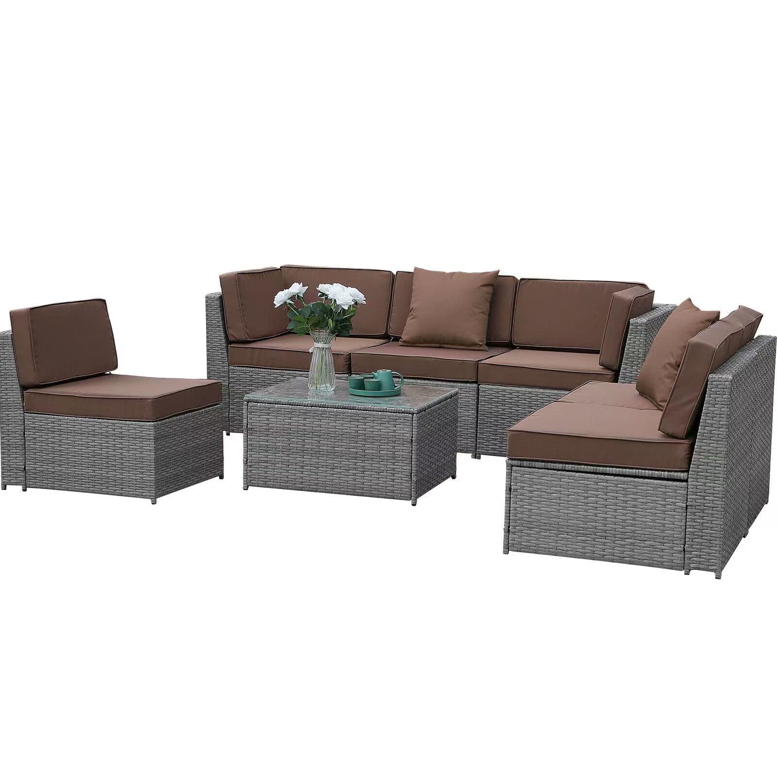 IDEE 7-Piece Outdoor Patio Furniture Set - Gray Wicker Rattan Sectional Sofa with Cushions & Brown Glass Coffee Table - Perfect for Backyard, Garden, and Poolside Relaxation