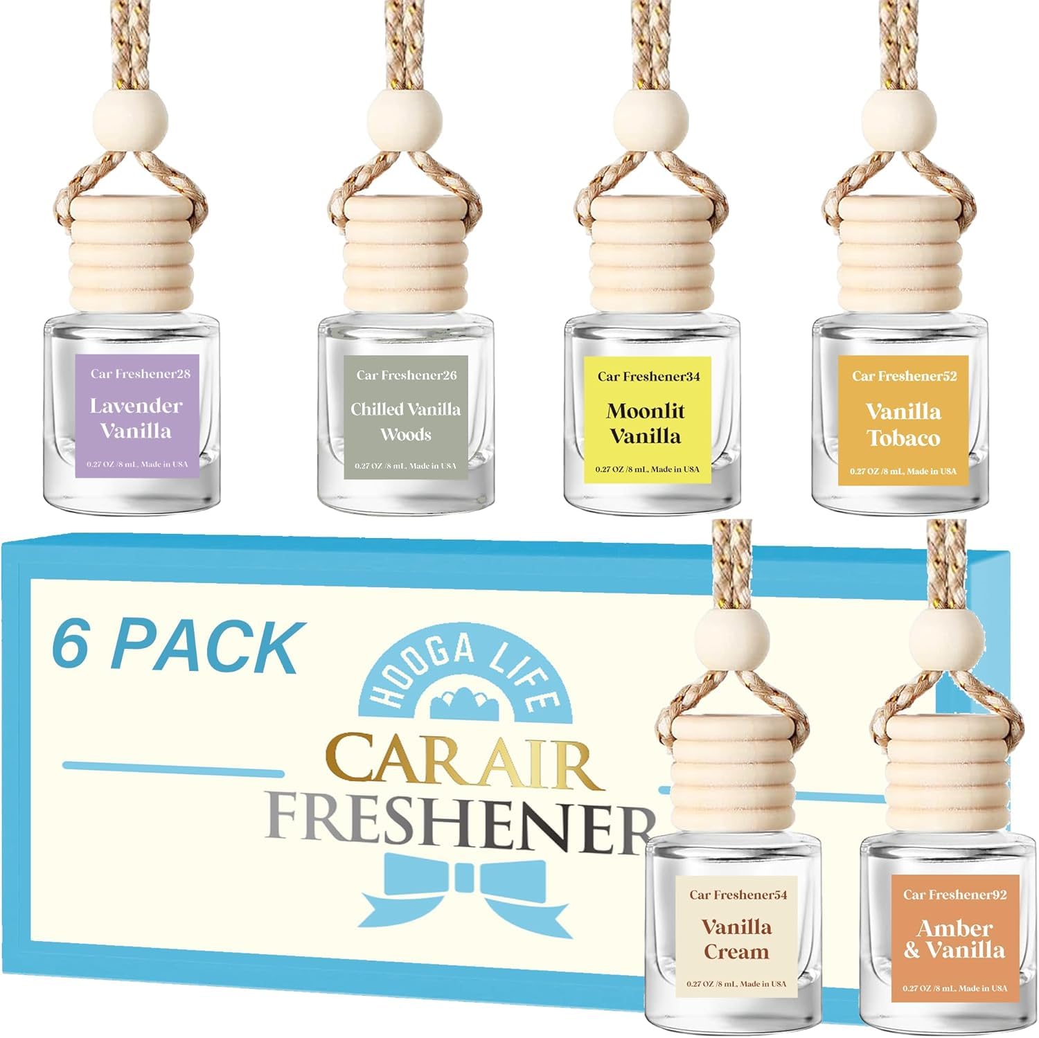 HoogaLife 6 Pack Hanging Car Air Freshener Diffuser - Long Lasting Vanilla Scent (45+ Days) | Premium Fragrance Oil Diffuser for Cars, Home & Office | Made in USA | Eliminates Odors & Freshens Air