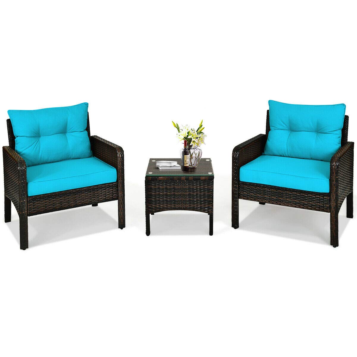HAPPYGRILL 3-Piece Outdoor Patio Furniture Set - Rattan Wicker Coffee Table & Chairs with Cushions - Garden, Balcony, Backyard, Poolside Conversation Set for Relaxing & Entertaining