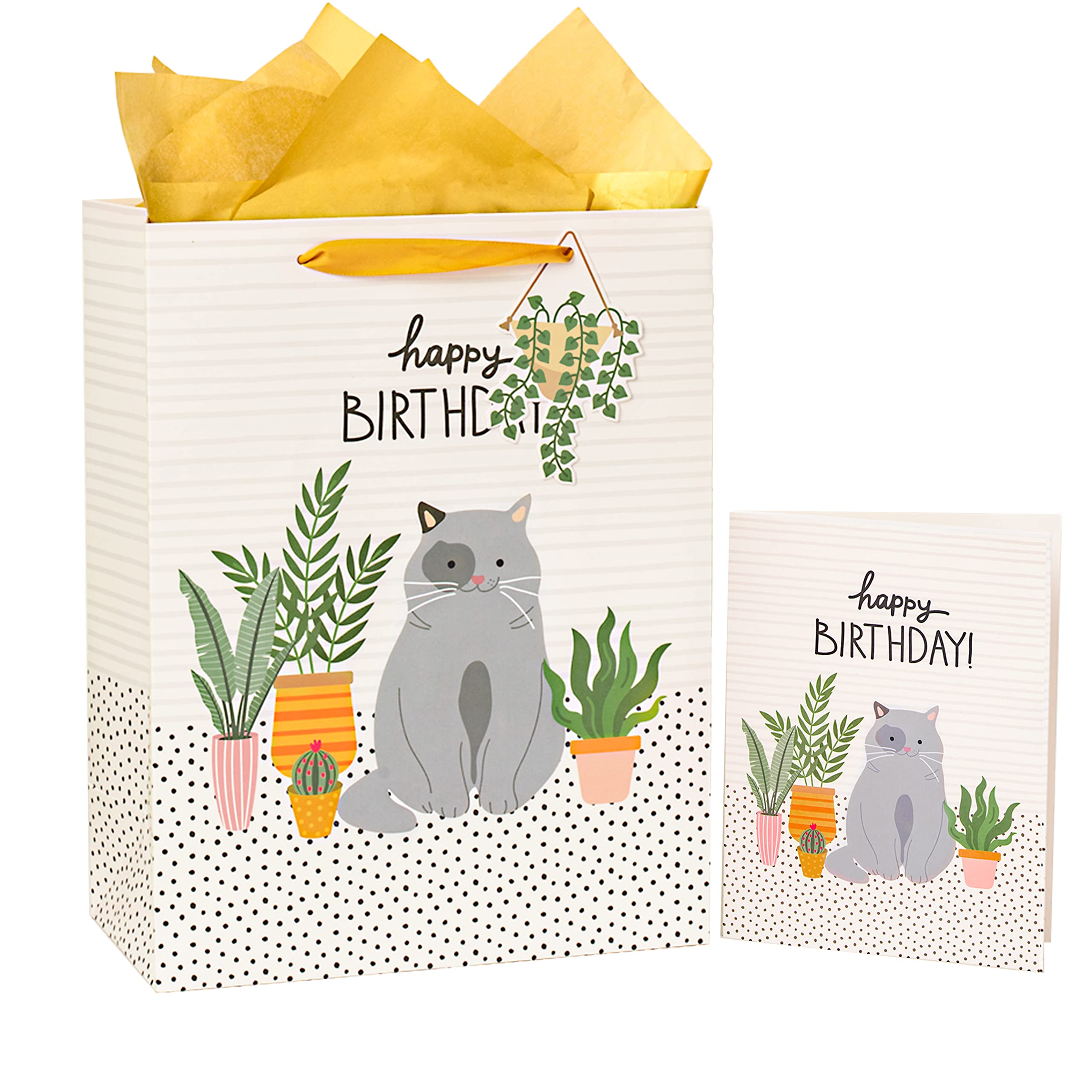 MAYPLUSS 13 Inch Large Gift Bags with Greeting Card & Tissue Paper - Birthday Party Favor Bags with Cute Cat & Green Plant Designs - Perfect for Birthday Gifts, Baby Showers & Special Occasions