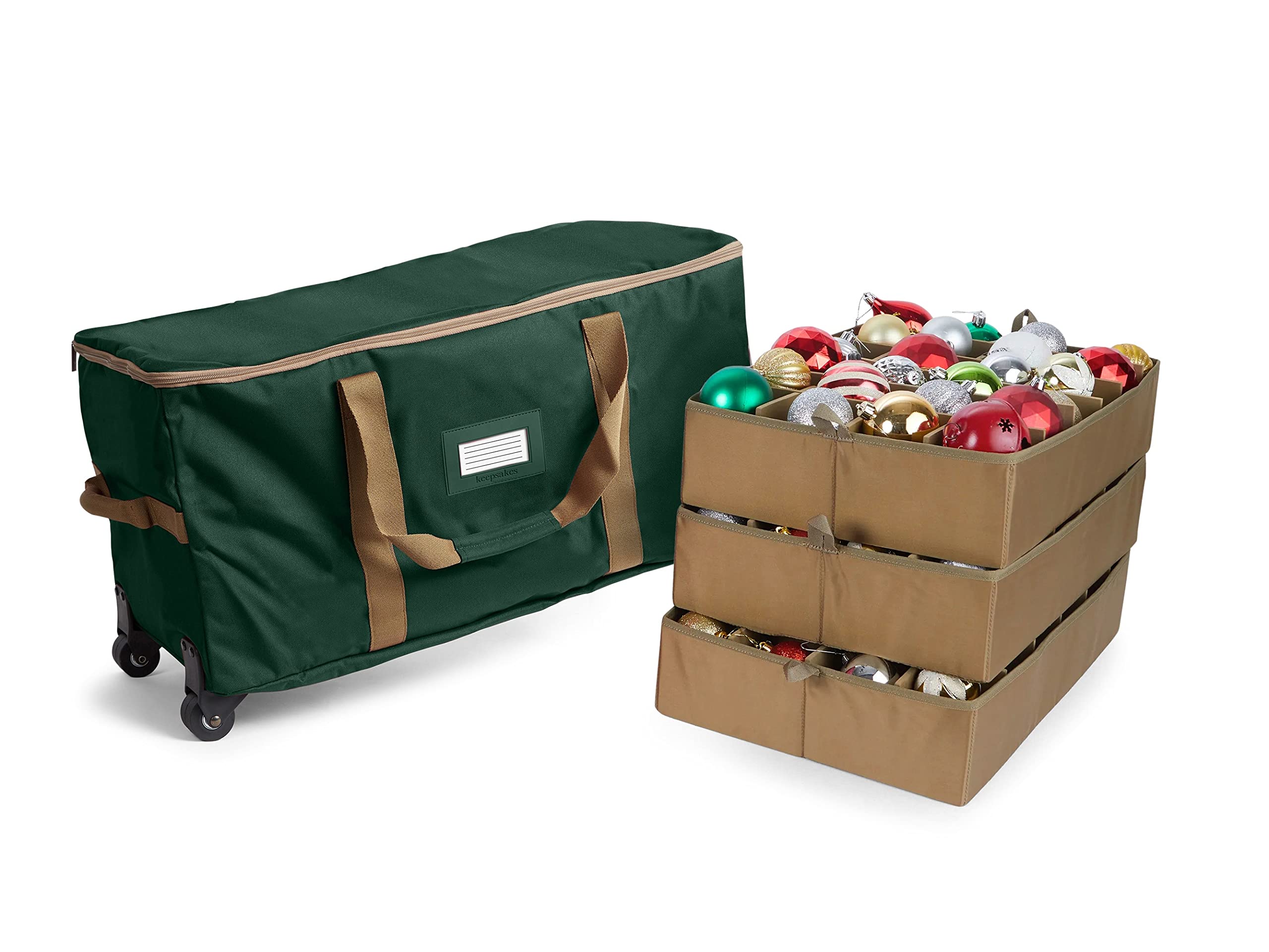 Covermates Keepsakes Rolling Adjustable Ornament Storage Bag with Carrying Handles & Padded Protection - Dual Wheel Holiday Decoration Organizer (Green) - Perfect for Christmas Tree Ornaments, Holiday Decor Storage & Seasonal Home Organization