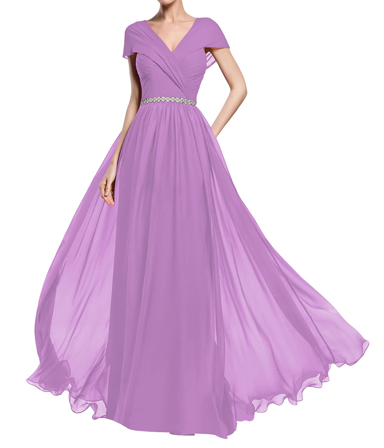 Elegant V-Neck Chiffon Mother of the Bride Dress with Pleated Long Skirt & Cap Sleeves - Formal Wedding Guest Evening Gown for Women | Perfect for Weddings, Receptions & Special Occasions