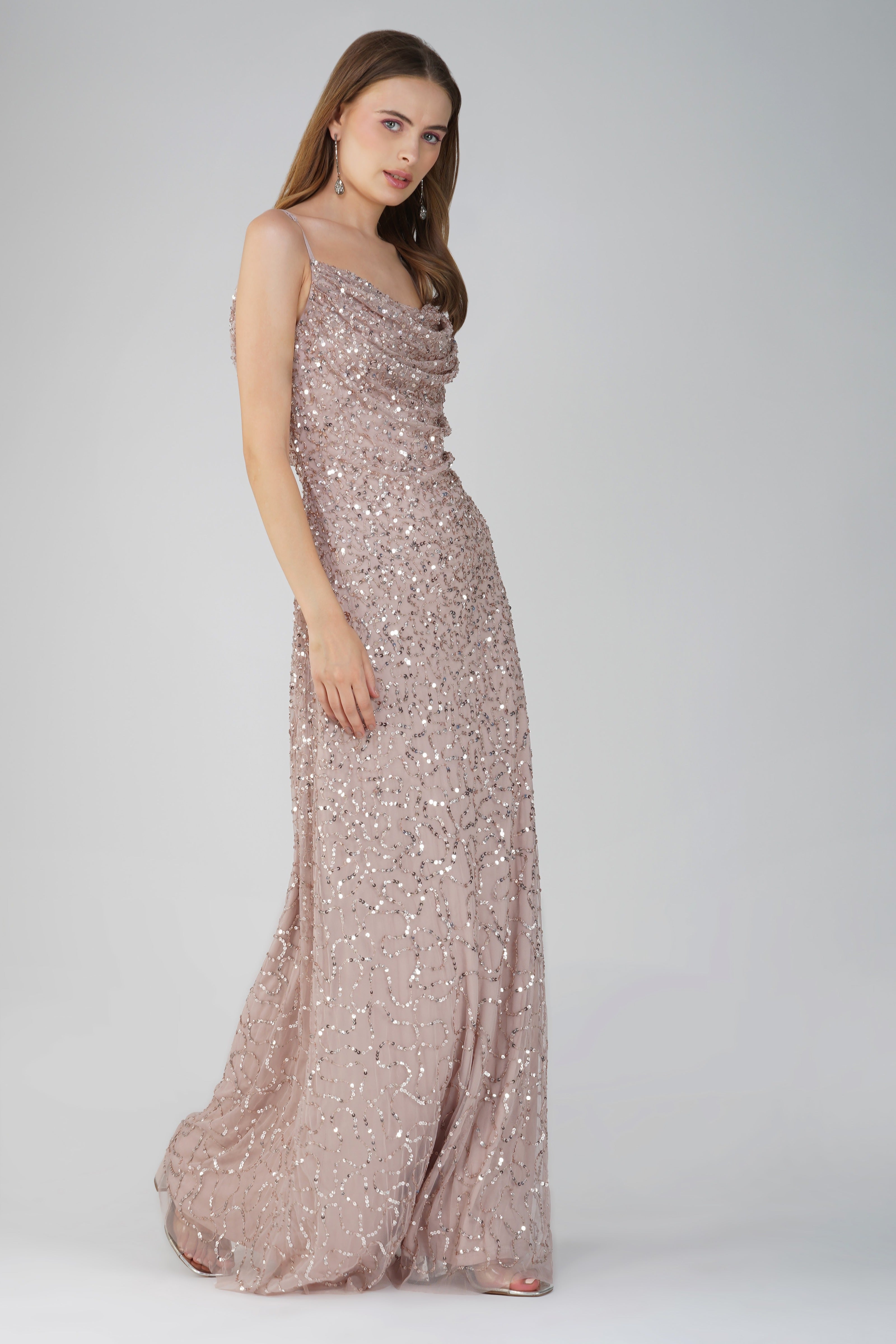 Elegant Embellished Maxi Dress in Blush Pink - Perfect for Weddings, Parties & Special Occasions