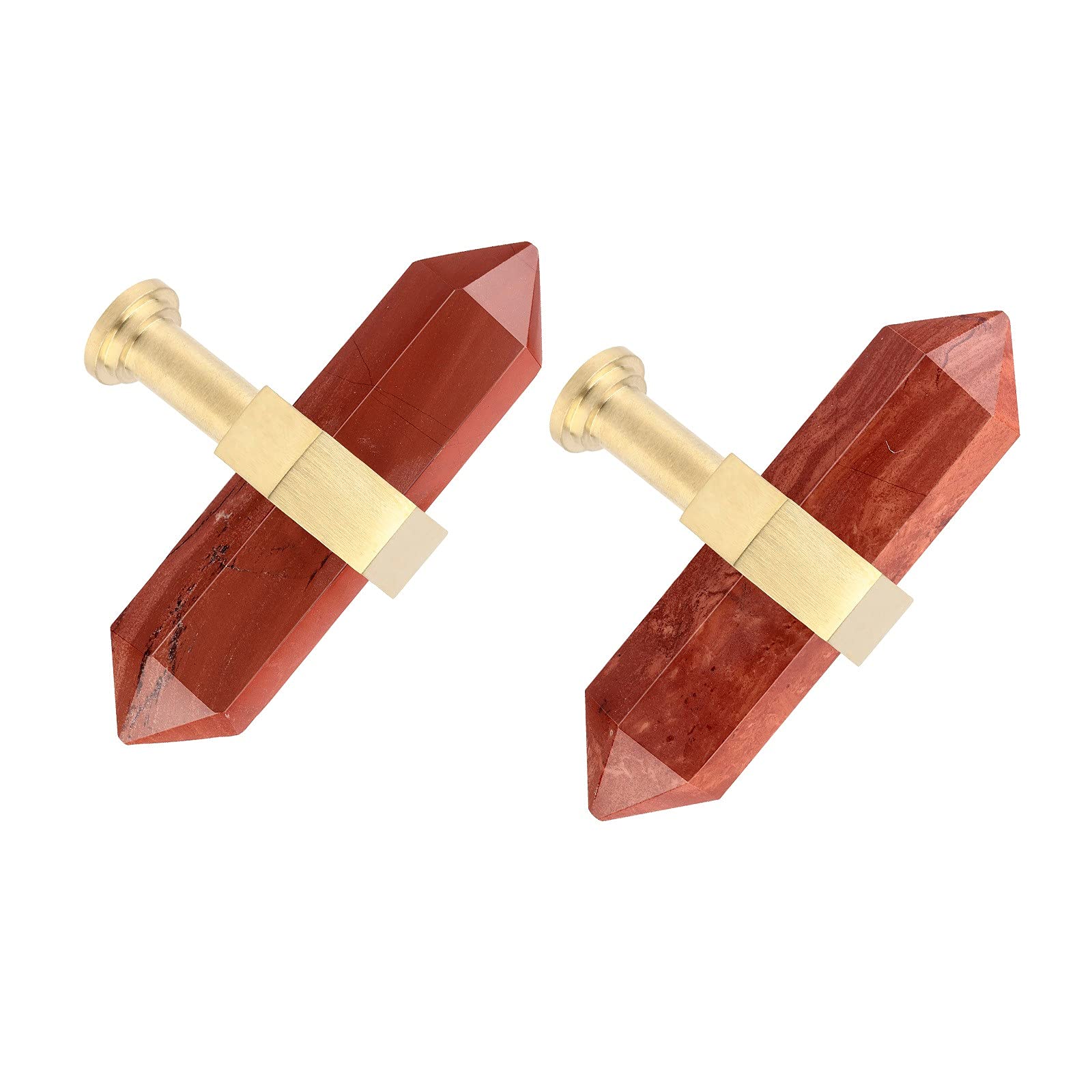 MookaiteDecor 2-Pack Red Jasper Crystal Drawer Knobs - Brushed Brass for Kitchen & Dresser