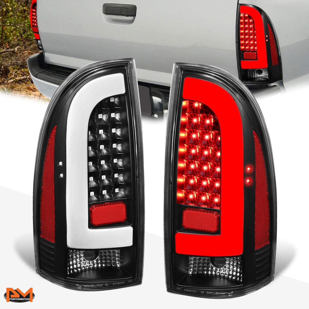 PM PERFORMOTOR 3D LED Tube Bar Tail Lights Brake Lamps Assembly - Compatible with Toyota Tacoma 2005-2015 (Black Housing/Clear Lens) - Enhanced Visibility & Style for Off-Roading & Night Driving