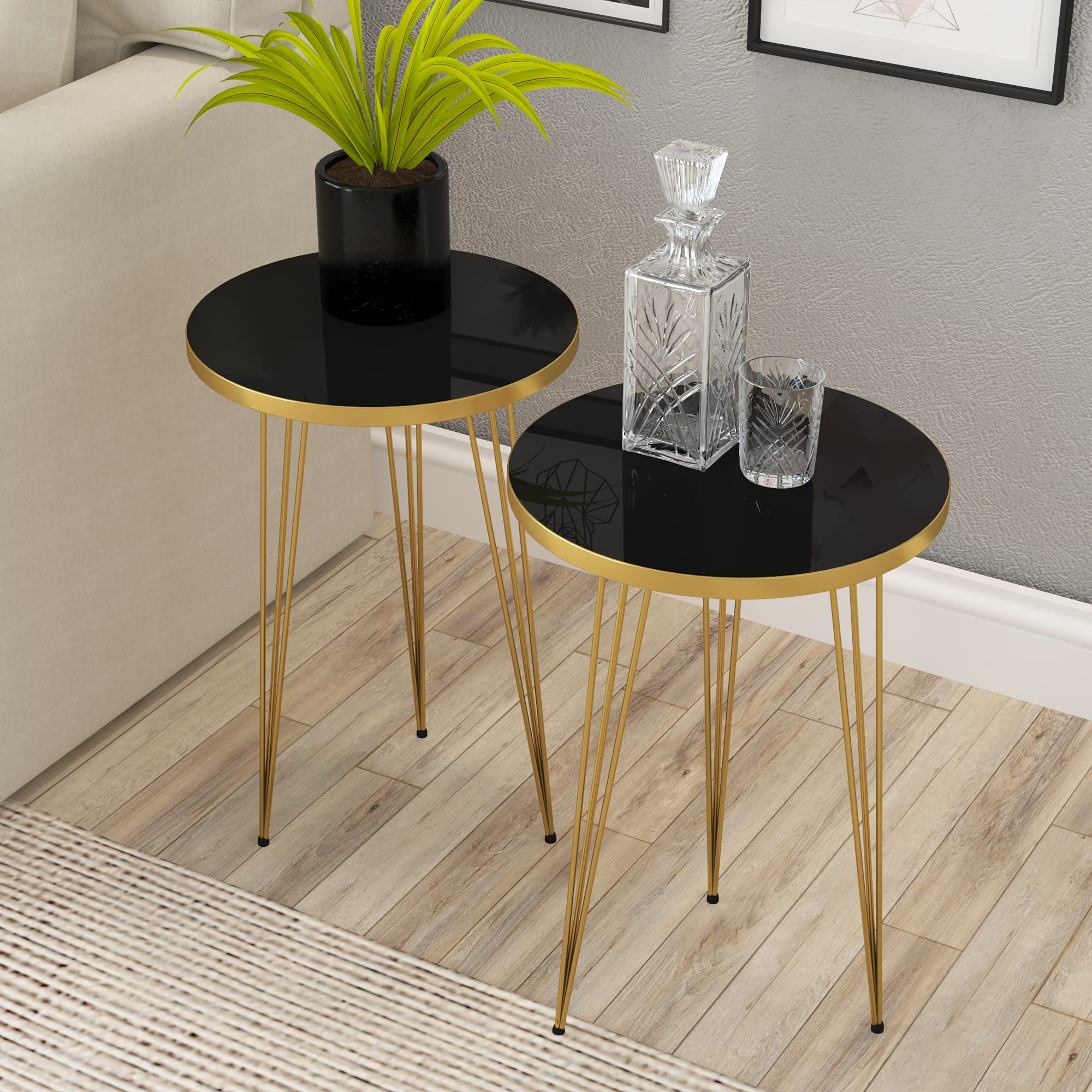 Set of 2 Round Wood Stacking Coffee Side Tables with High Gloss Black Gold Metal Legs - Modern Accent End Tables for Living Room, Bedroom Nightstand or Home Office - Perfect for Small Spaces, Apartment Decor & Coffee Table Styling