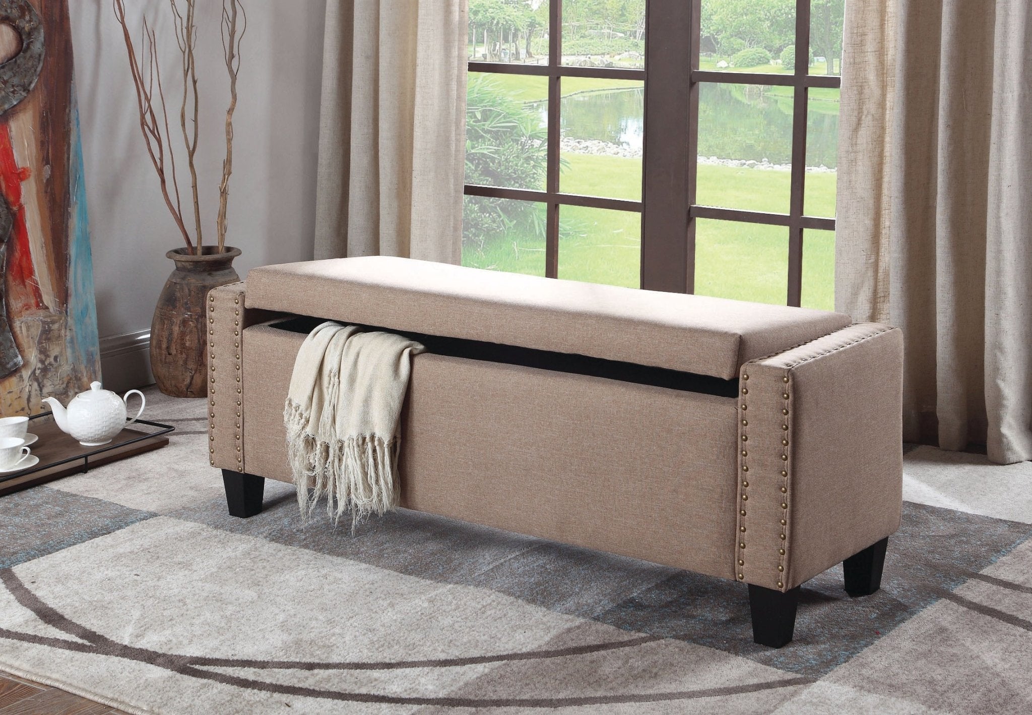 Beige Upholstered Storage Bench with Nailhead Trim - Perfect for Entryway, Bedroom & Living Room Organization