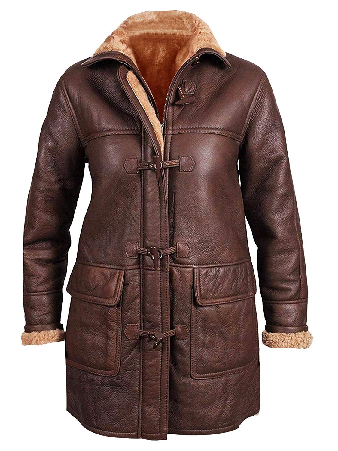 Women's Mid-Length Brown Duffle Coat Hooded Sheepskin Leather B3 Jacket - Warm Winter Outerwear for Casual & Outdoor Activities
