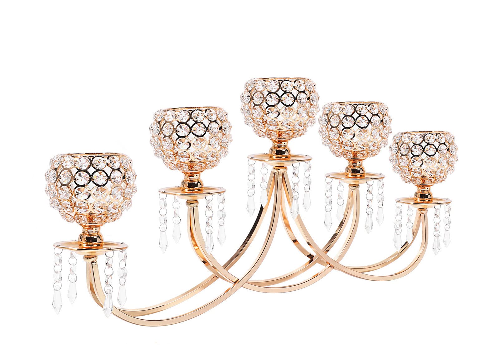 5-Arm Gold Crystal Candelabra Centerpiece - Large Tea Light Candle Holder for Wedding, Dining Room & Living Room Decor - Elegant Table Centerpiece for Coffee Tables, Romantic Dinners & Home Decor