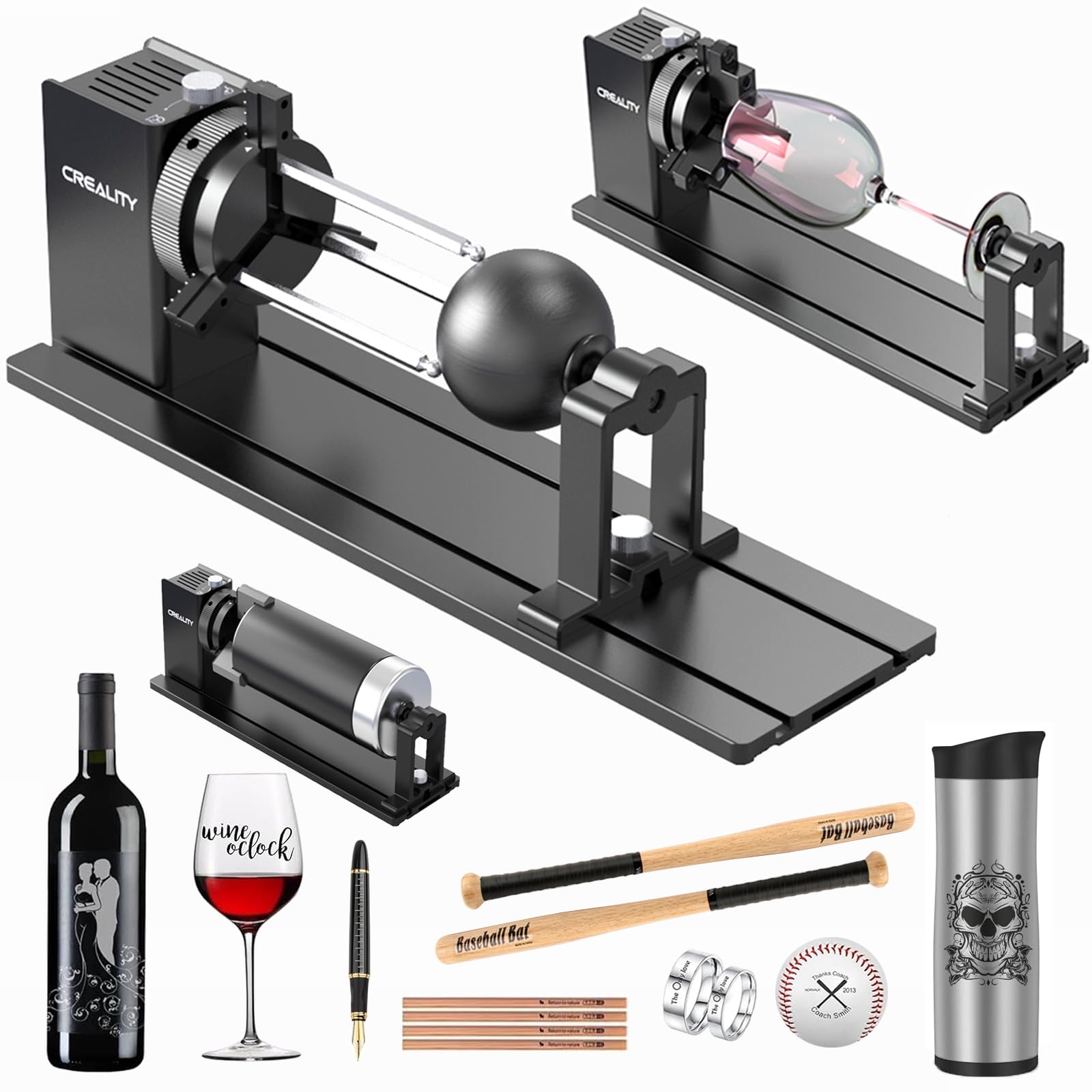 Creality Rotary Kit Pro - 3-in-1 Laser Engraving Accessory with Jaw Chuck for Wine Glasses, Baseball Bats, Rings & Cylindrical Objects | Perfect for DIY Crafts, Personalized Gifts & Home Decor Projects