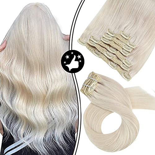 Blonde Clip-In Human Hair Extensions 16 Inch - Moresoo Real Hair Extensions for Thick Full Head Volume | Double Wefted Natural White Blonde Hair | Perfect for Parties, Weddings & Daily Styling
