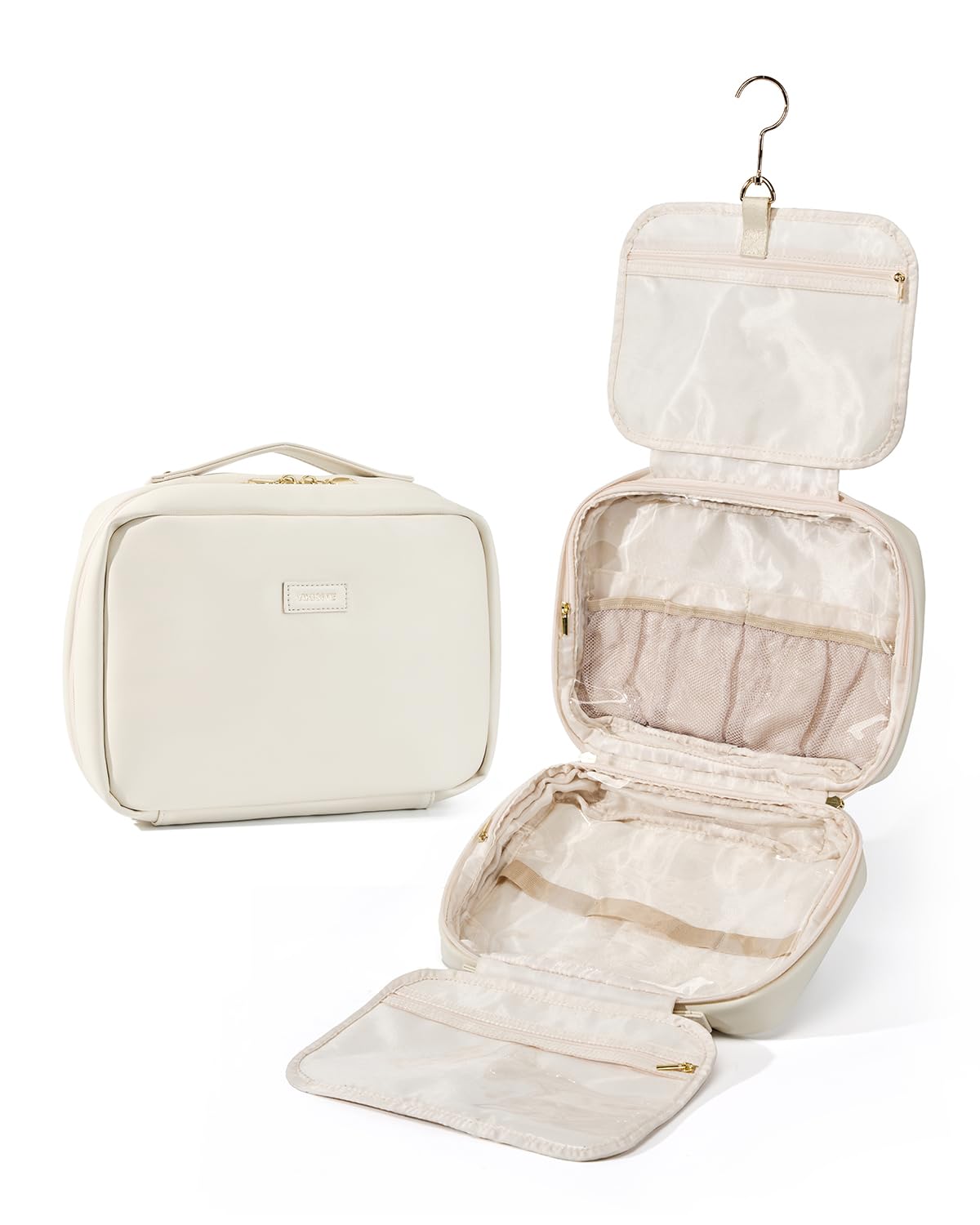 Waterproof Hanging Toiletry Bag for Travel - Medium Beige Cosmetic Organizer with Hook for Makeup, Toiletries & Full-size Bottles | Perfect for Airplane Carry-on, Camping & Gym Essentials