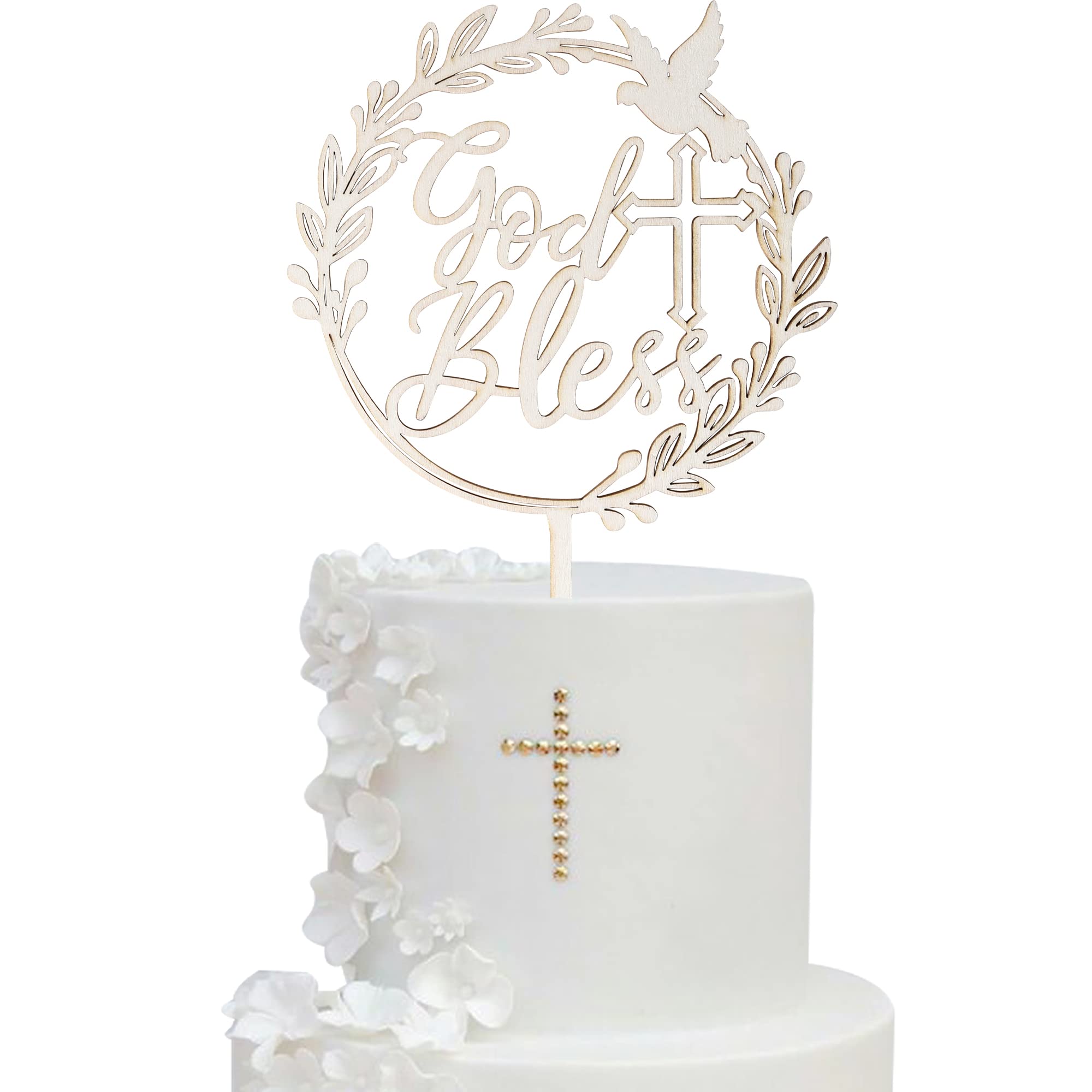 1 PCS Wooden God Bless and Cross Cake Topper with Dove - First Communion, Christening, Baptism, Baby Shower & Birthday Party Cake Decorations | Religious Cake Picks for Christian Celebrations & Special Occasions
